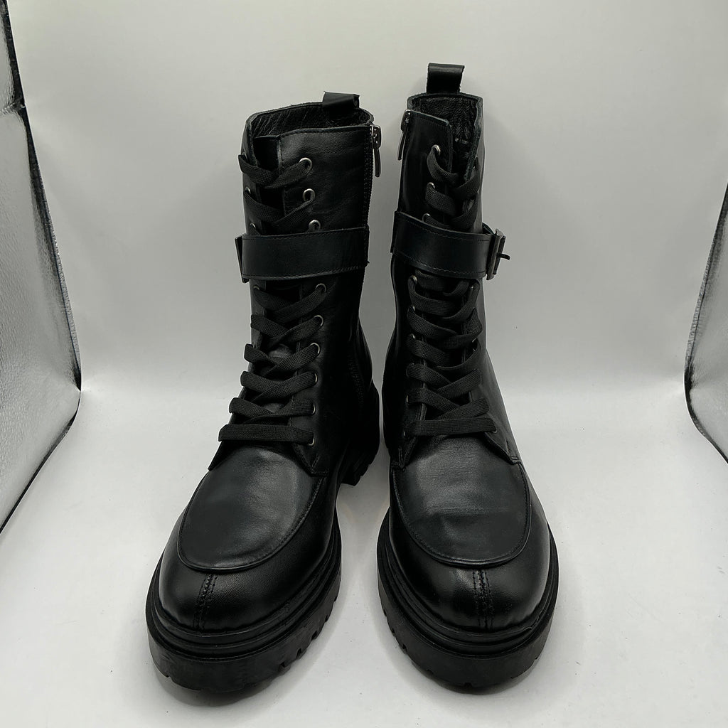 DANIEL, black leather boots with lace and zip fastening