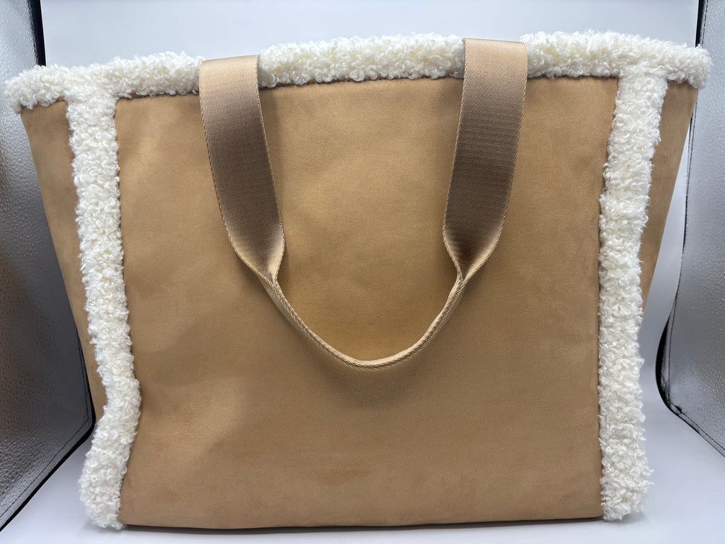 Hugo, Becky Tote Bag In Beige Faux Suede And Shearling Trim