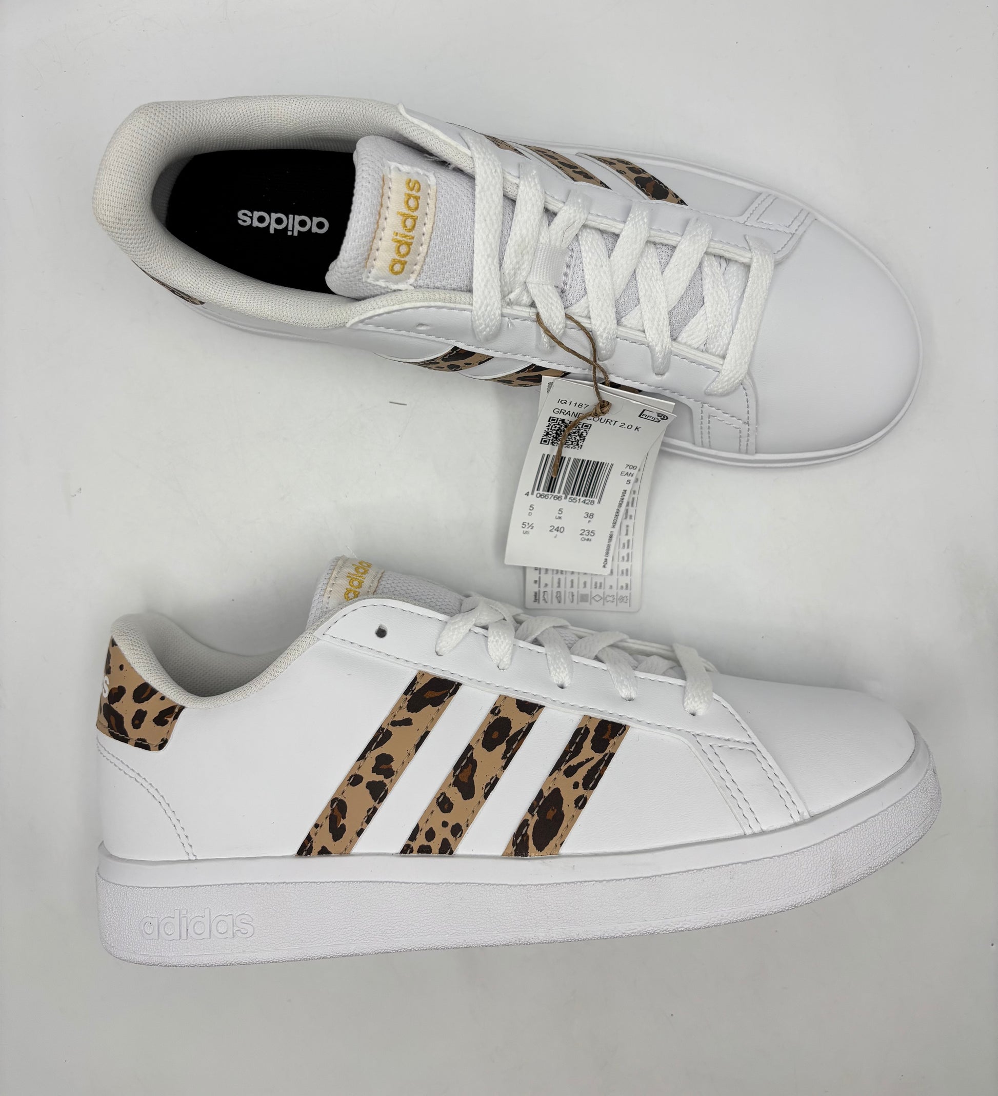 Adidas women’s grand court 2.0 leopard print trainers, size 5