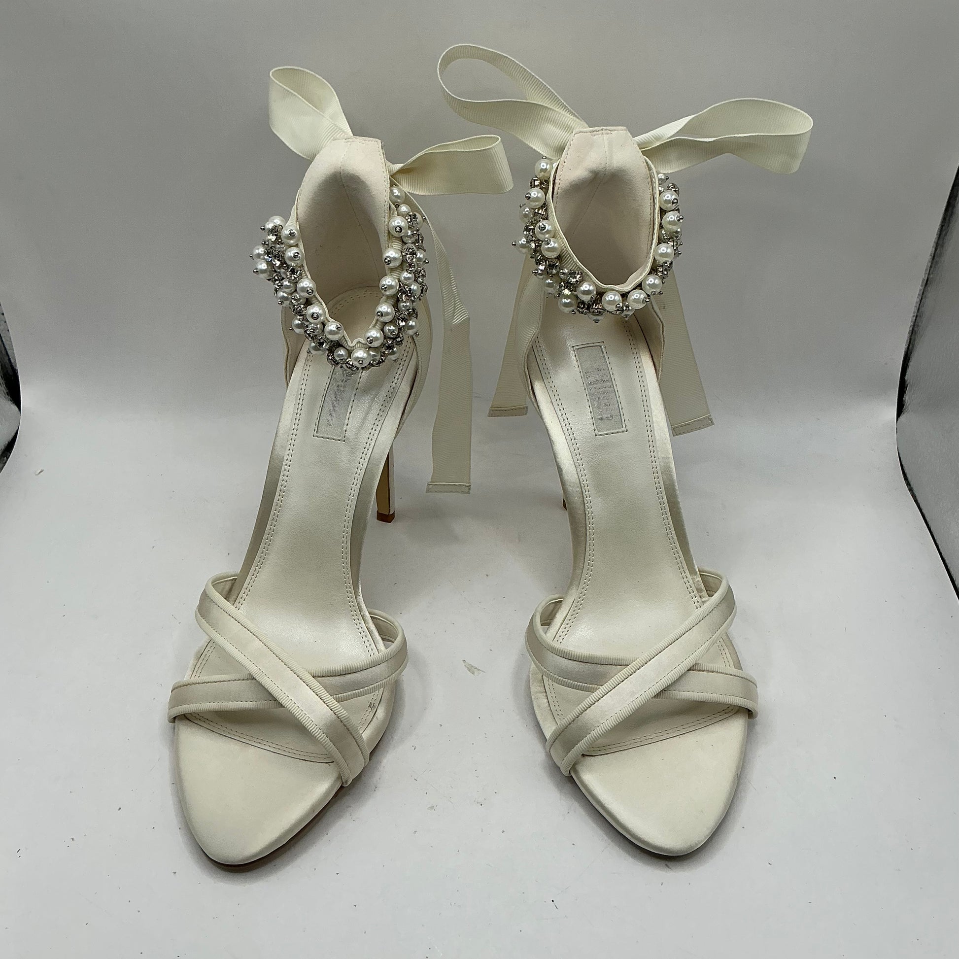 Ivory Satin Bridal Shoes with Embellished Ankle Tie, Wedding