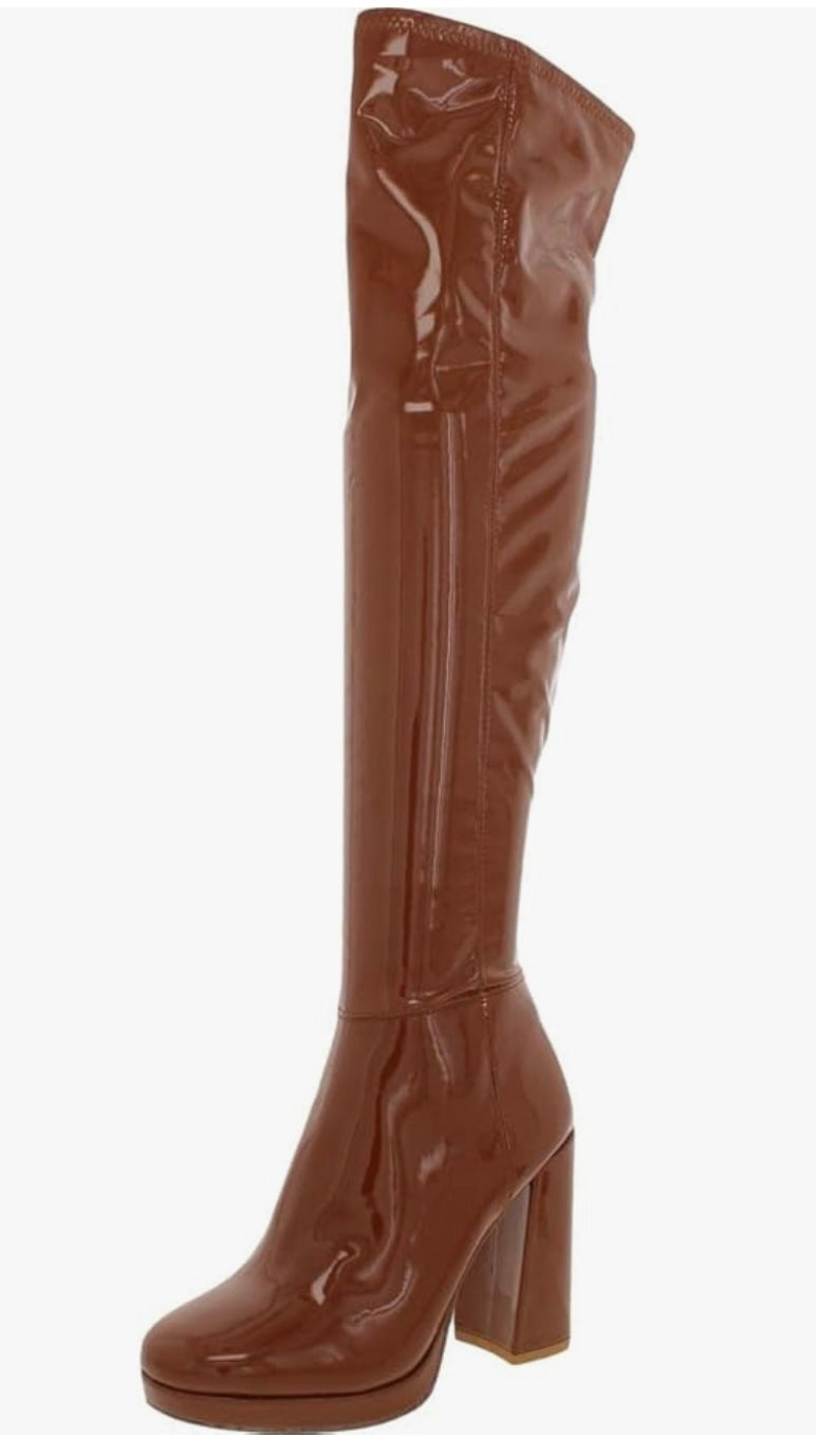 Steve Madden “magnifico” patent, over knee heeled boot , size 7 (cognac)