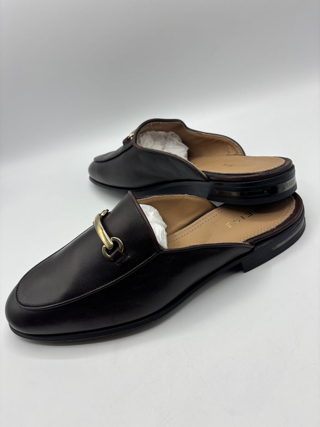 Reiss, brown leather slip in loafer/mule