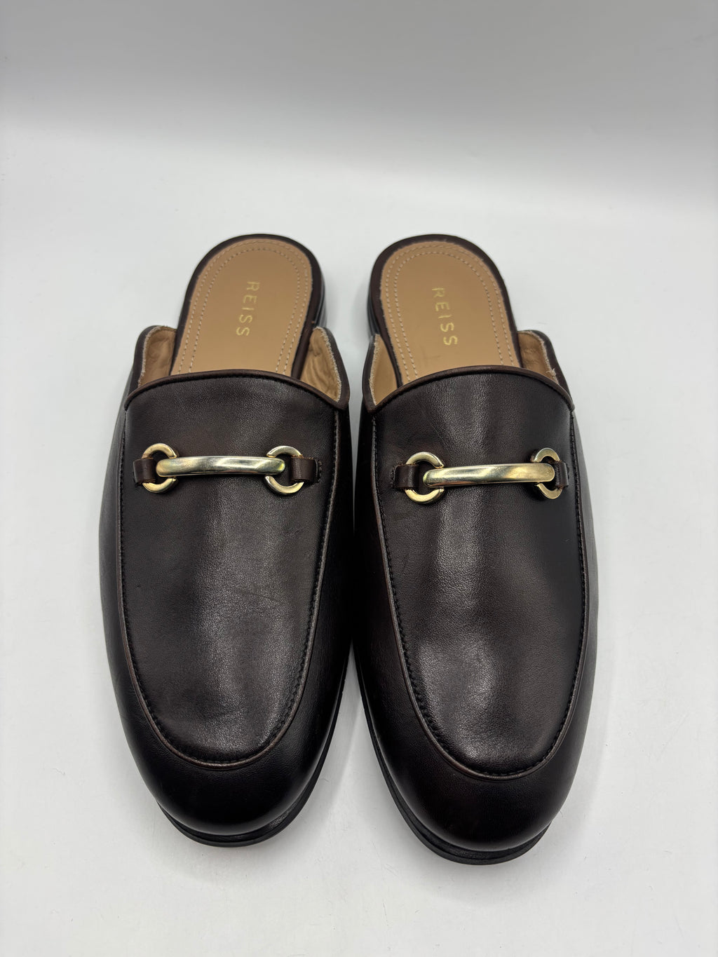 Reiss, brown leather slip in loafer/mule