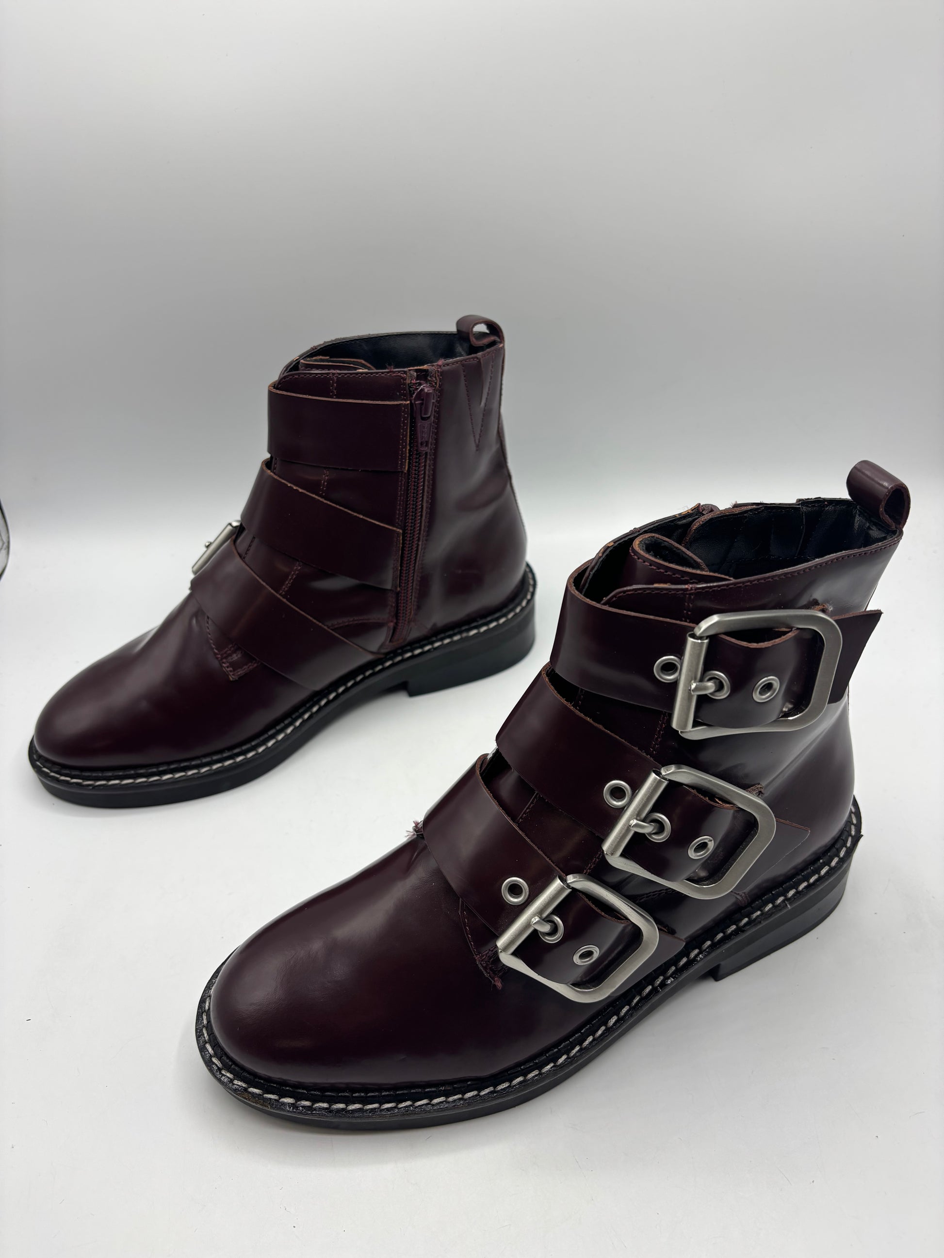 M&S burgundy leather strap detail ankle boots (size5)