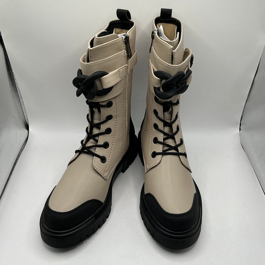 Marco Tozzi ivory chunky ankle boots, with chunky chain ankle detail