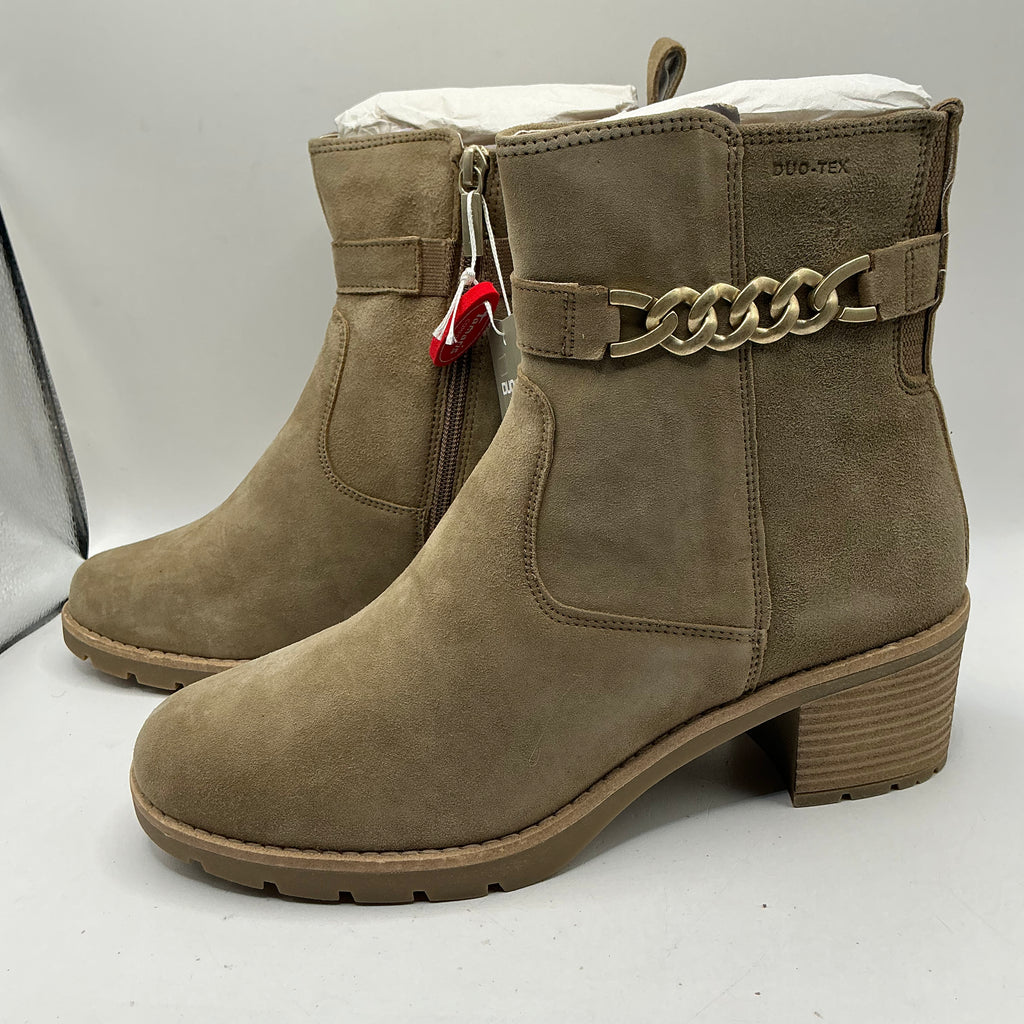 Tamaris comfort Beige suede ankle boots with gold chain detail