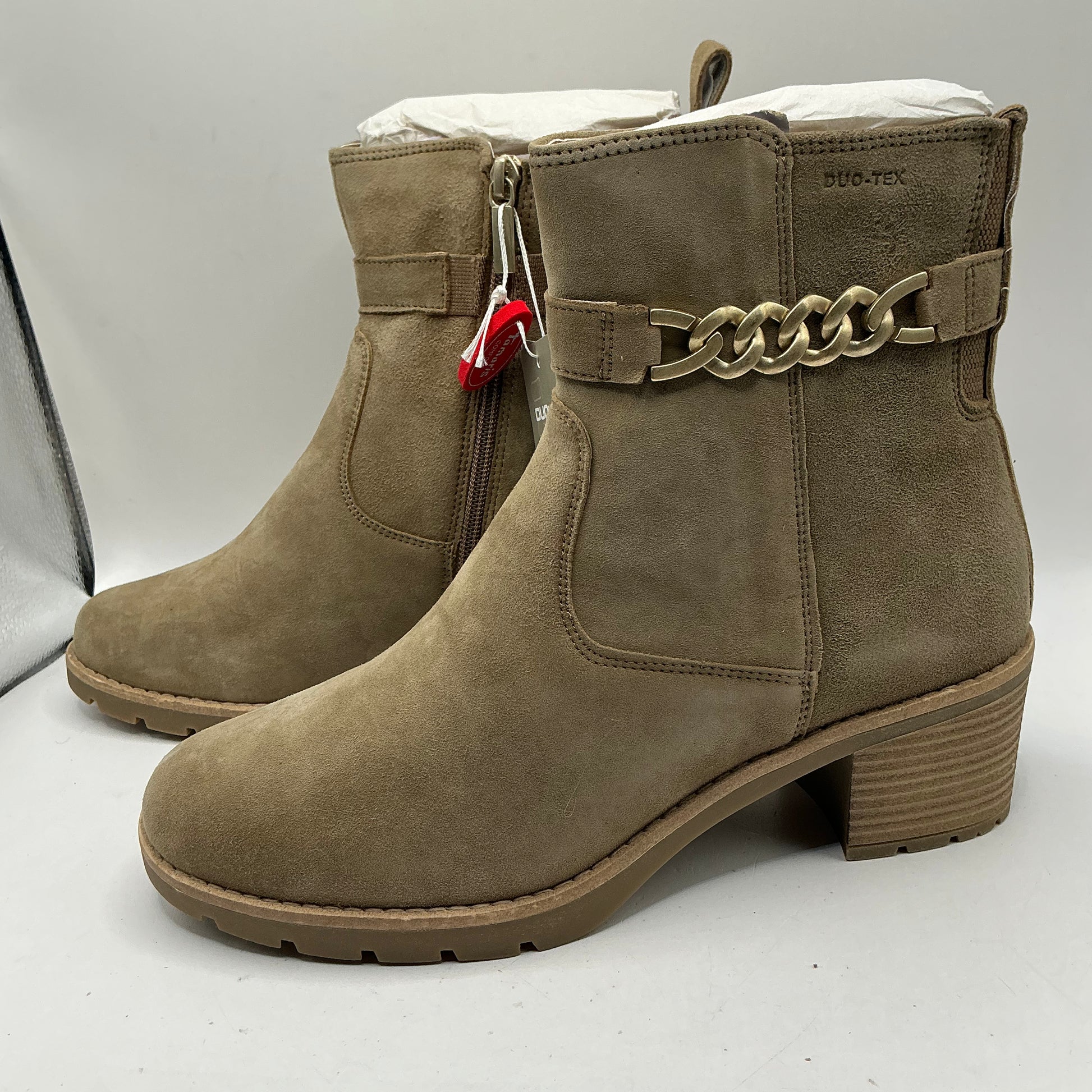 Tamaris comfort Beige suede ankle boots with gold chain detail