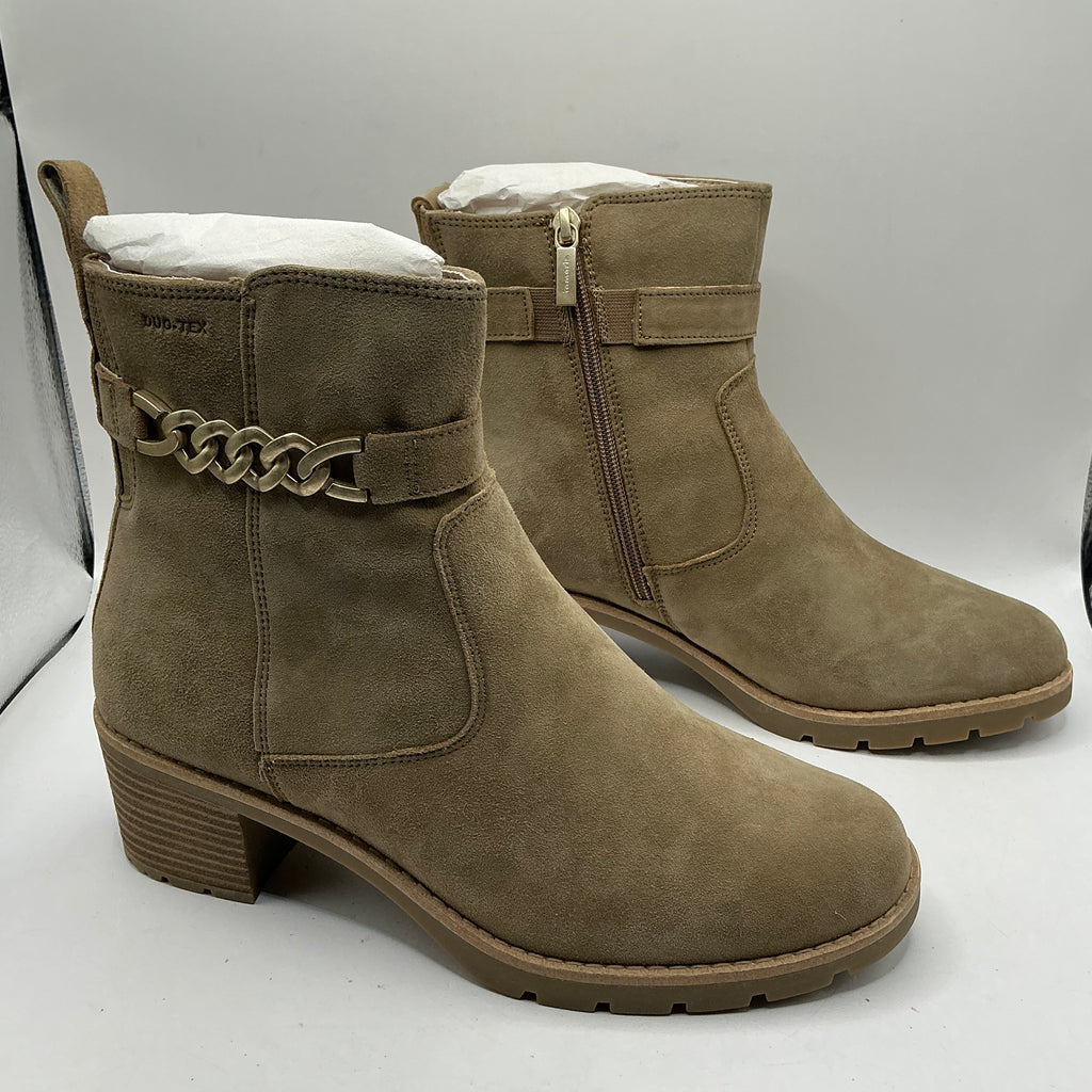 Tamaris comfort Beige suede ankle boots with gold chain detail