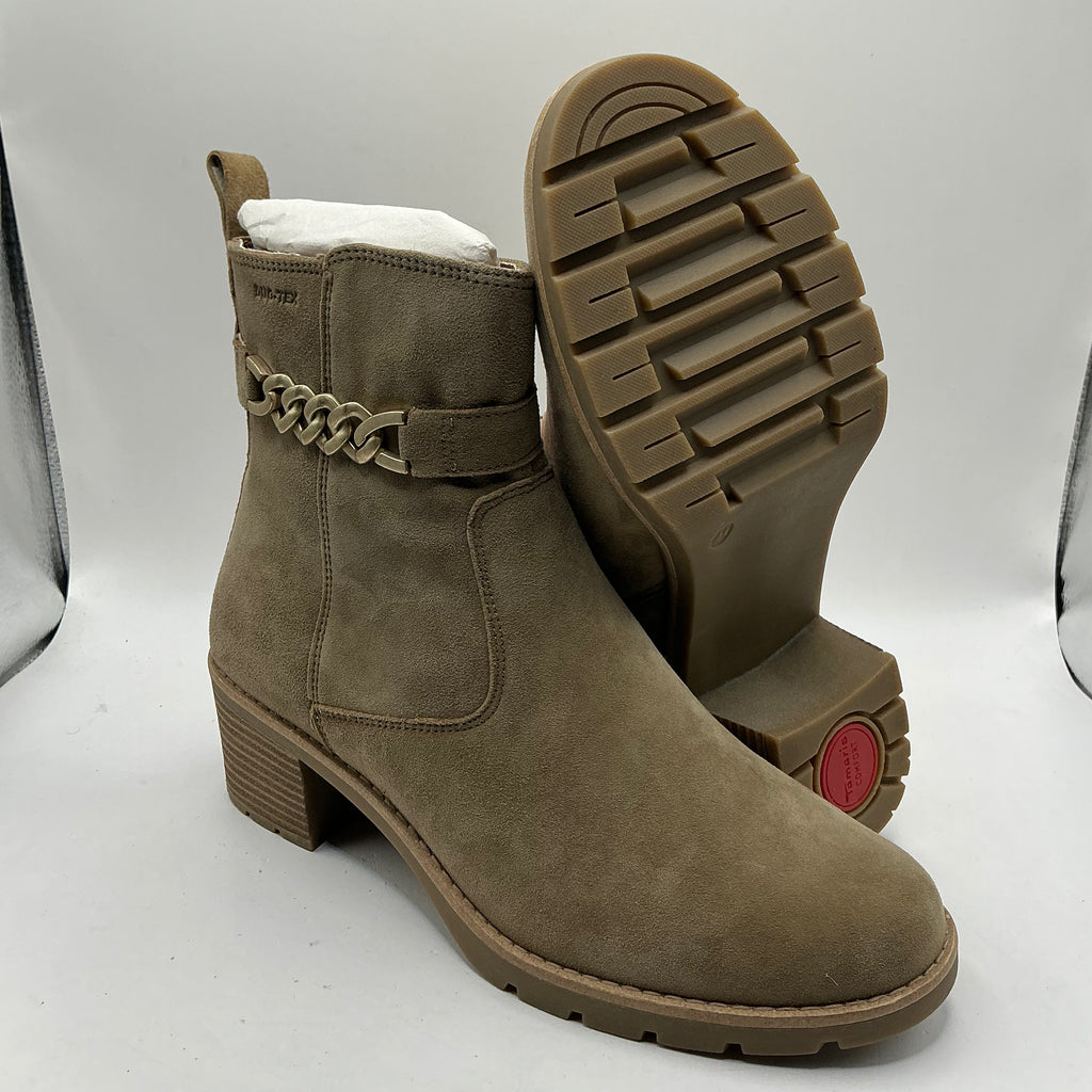 Tamaris comfort Beige suede ankle boots with gold chain detail