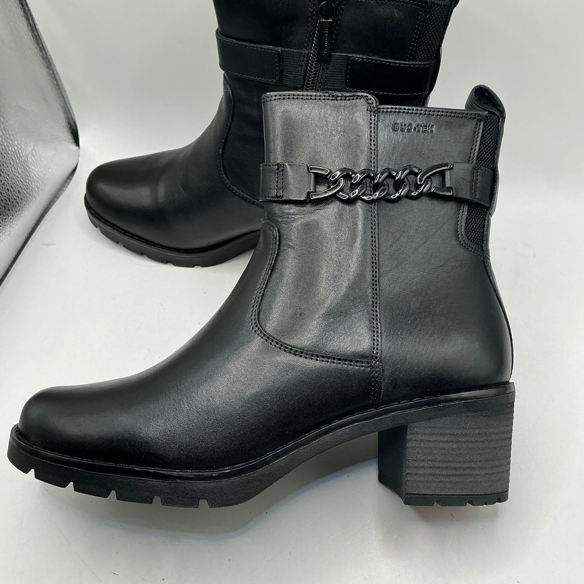 Tamaris comfort black leather ankle boots with ankle chain detail