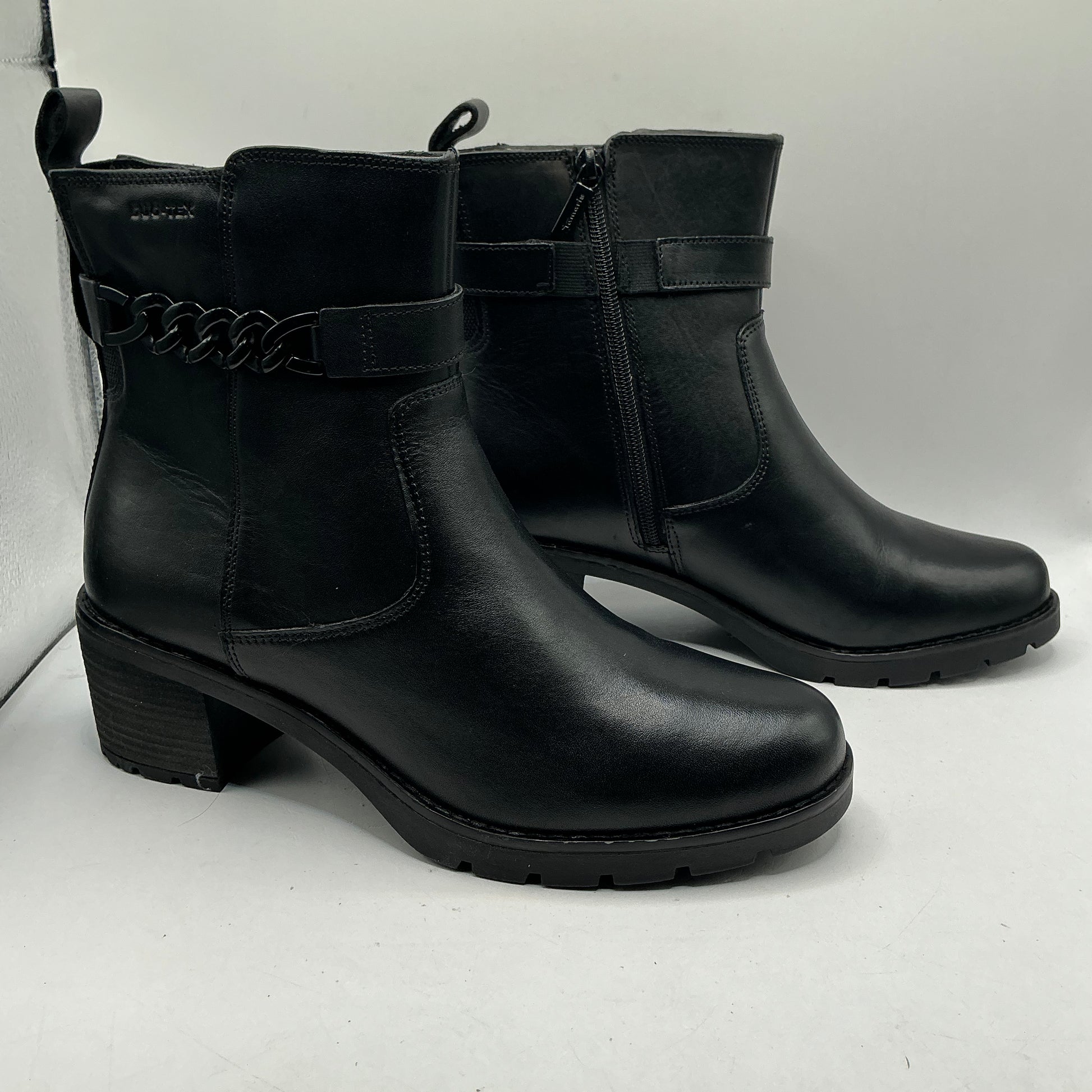 Tamaris comfort black leather ankle boots with ankle chain detail