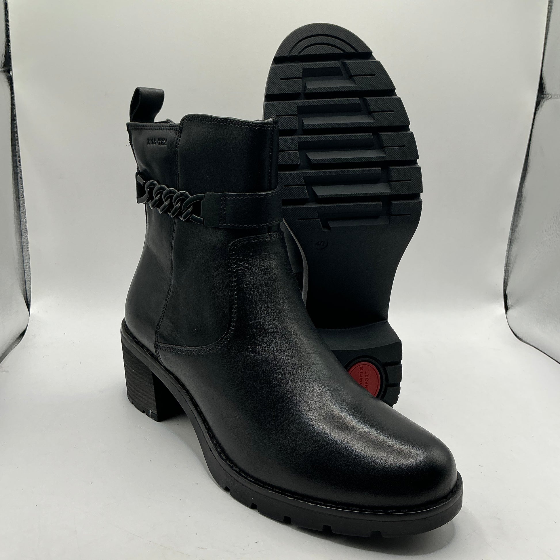 Tamaris comfort black leather ankle boots with ankle chain detail