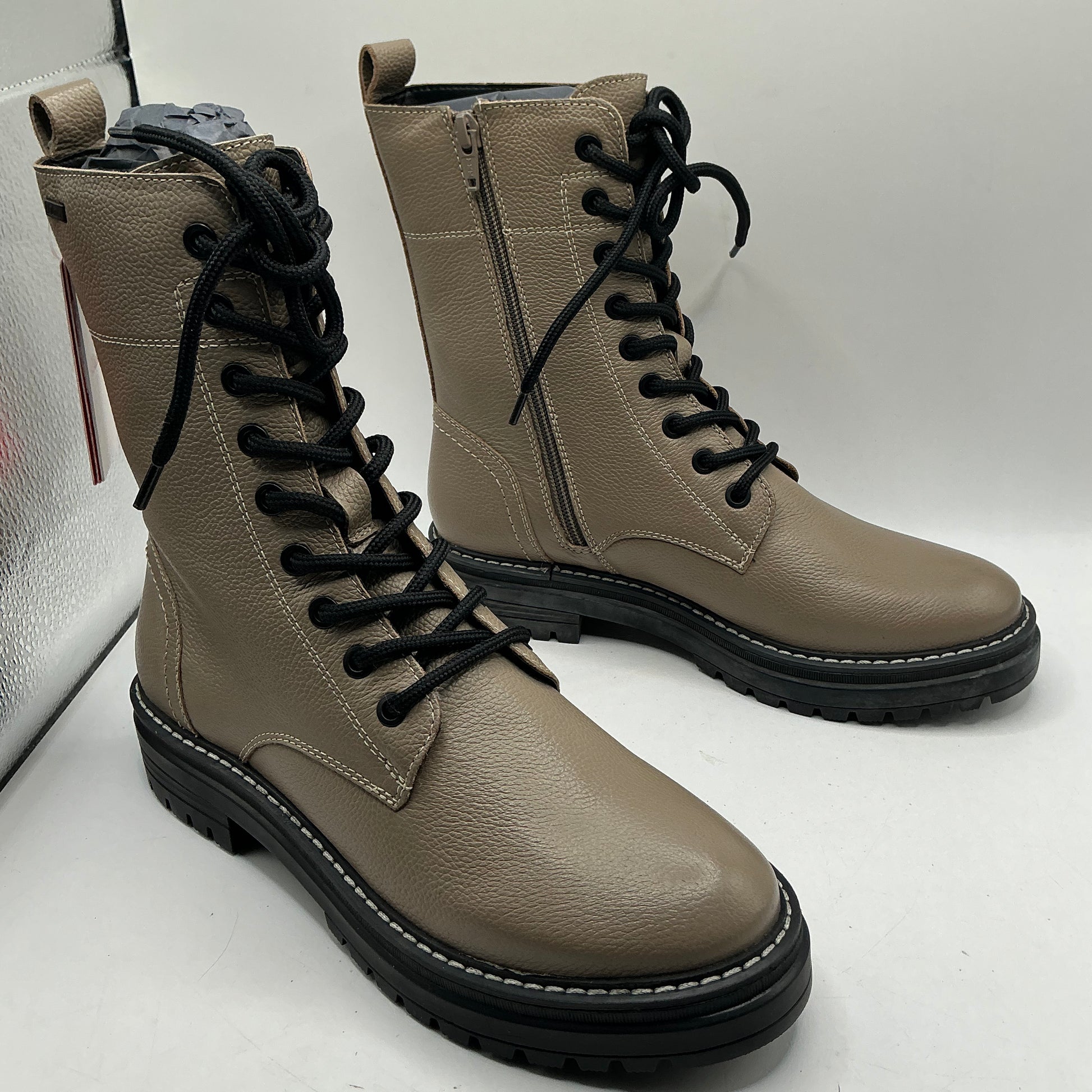 S.Oliver taupe leather ankle combat boots