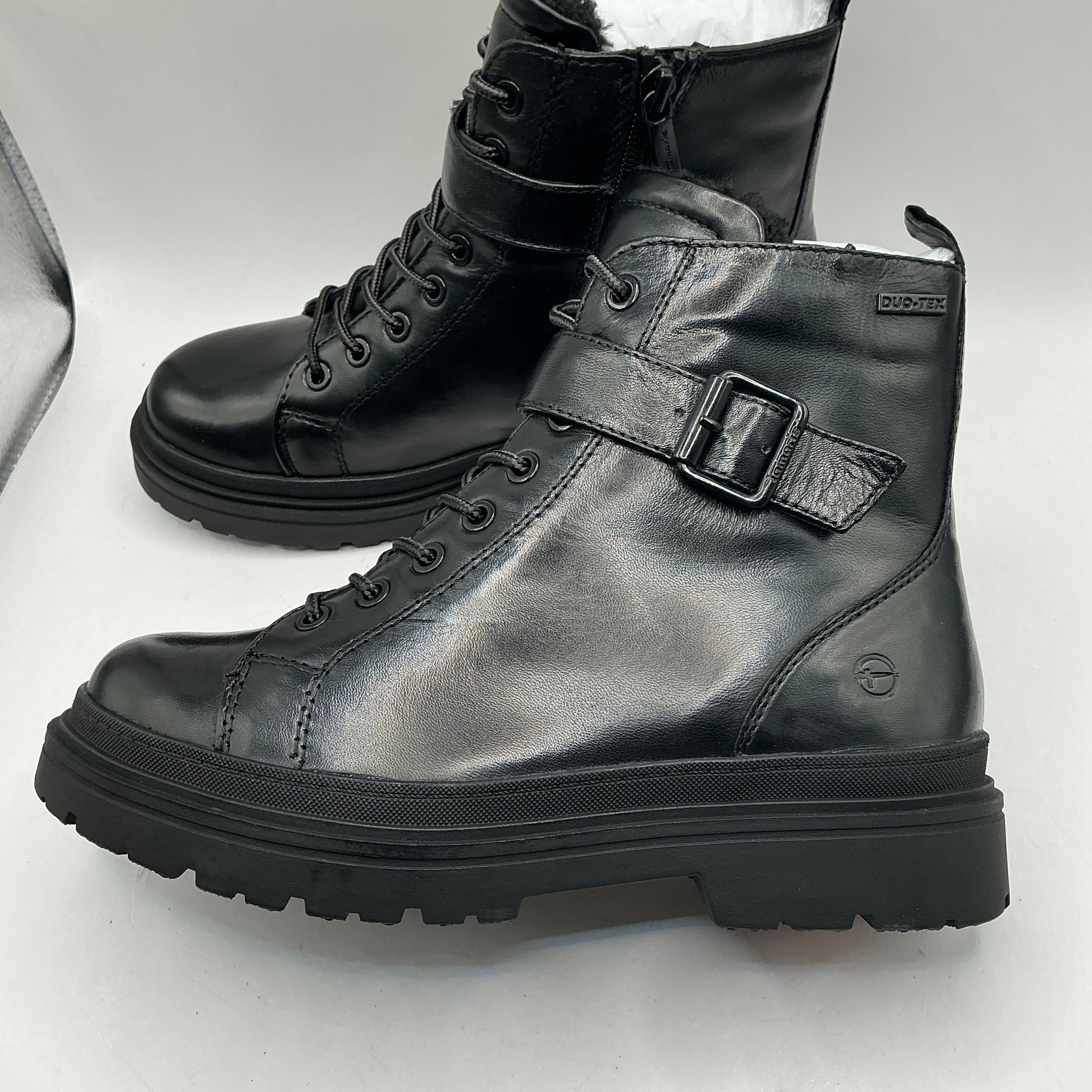 Tamaris black leather ankle boots with ankle strap detail