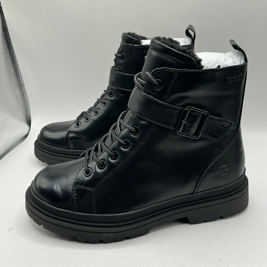 Tamaris black leather ankle boots with ankle strap detail