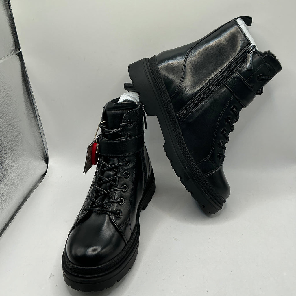 Tamaris black leather ankle boots with ankle strap detail