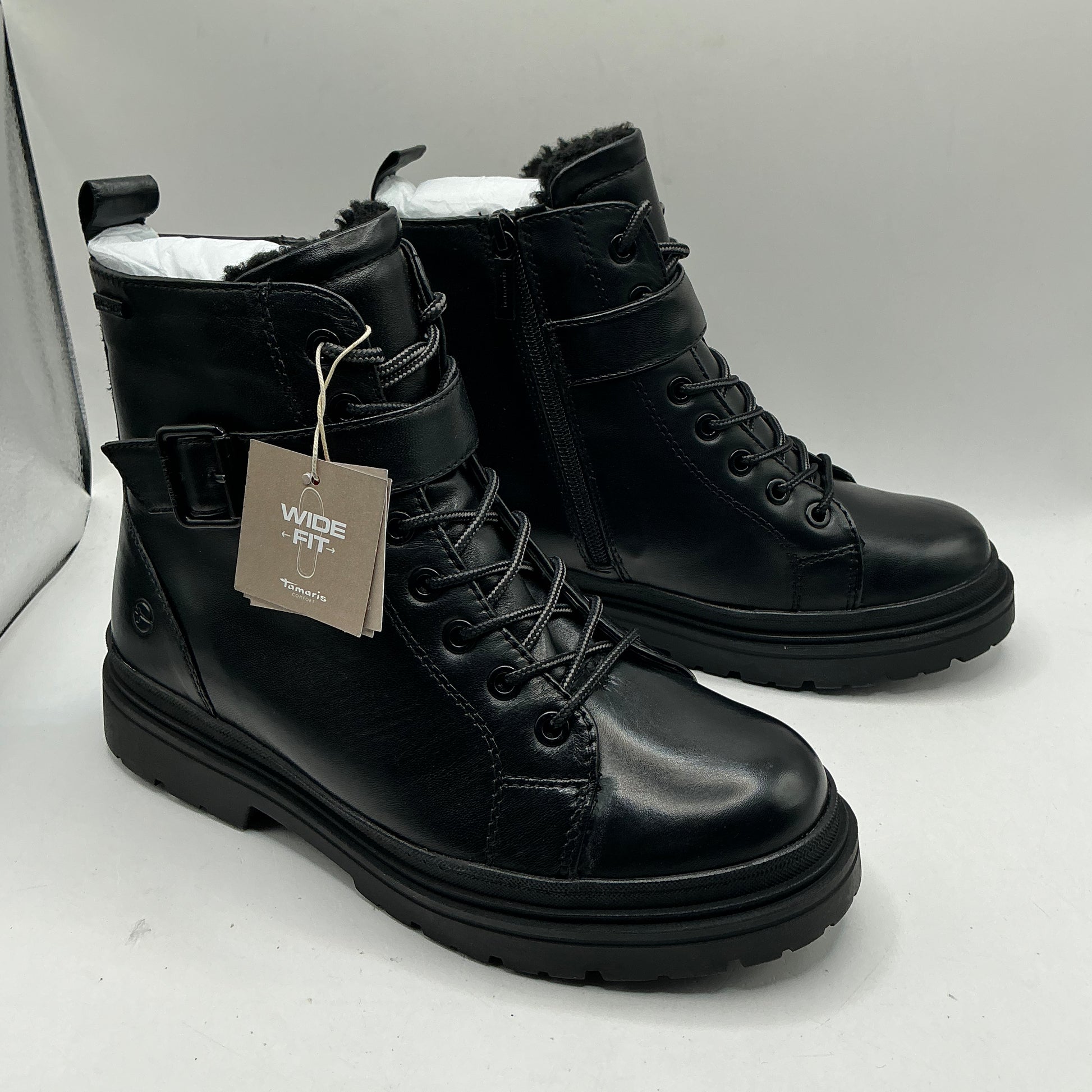 Tamaris black leather ankle boots with ankle strap detail