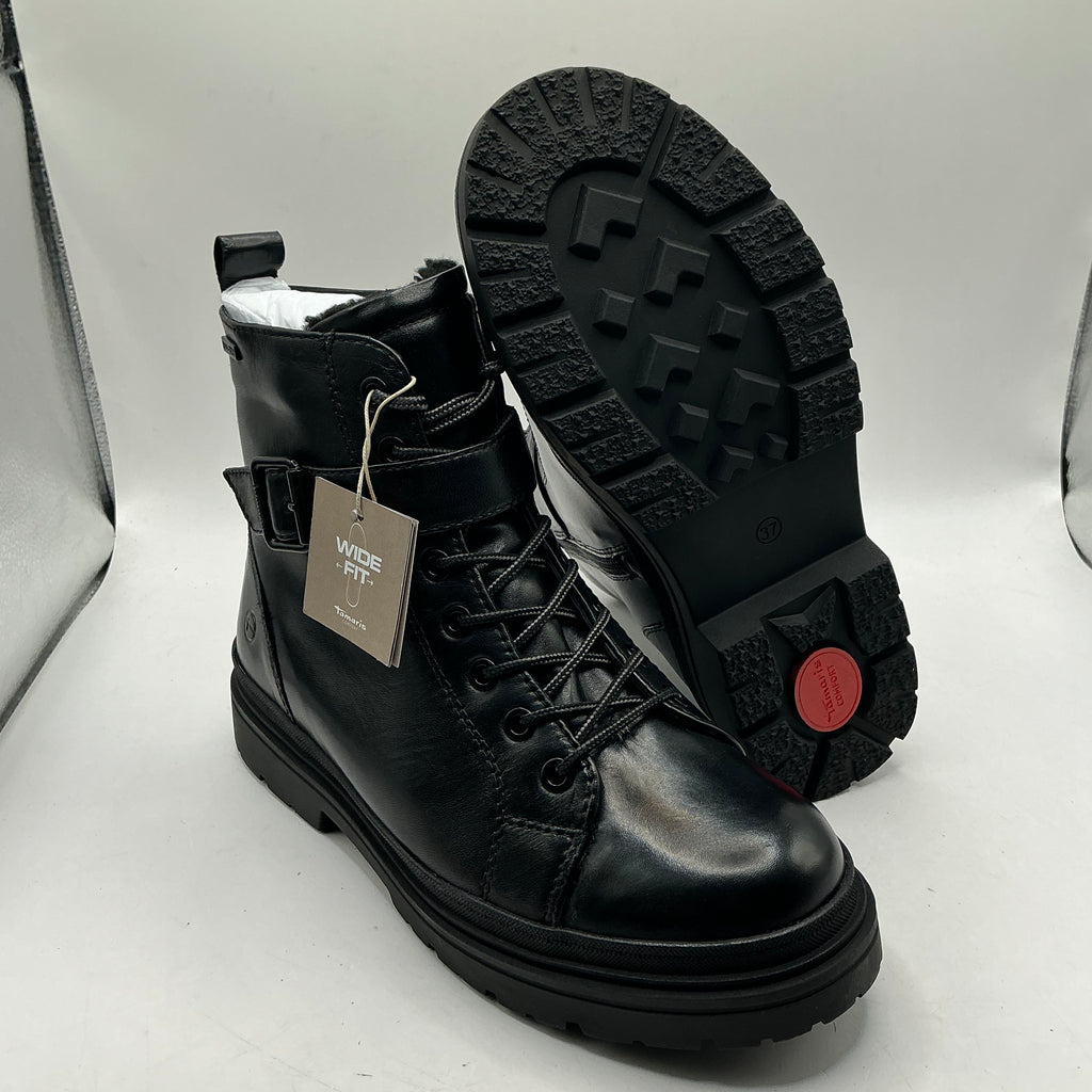 Tamaris black leather ankle boots with ankle strap detail