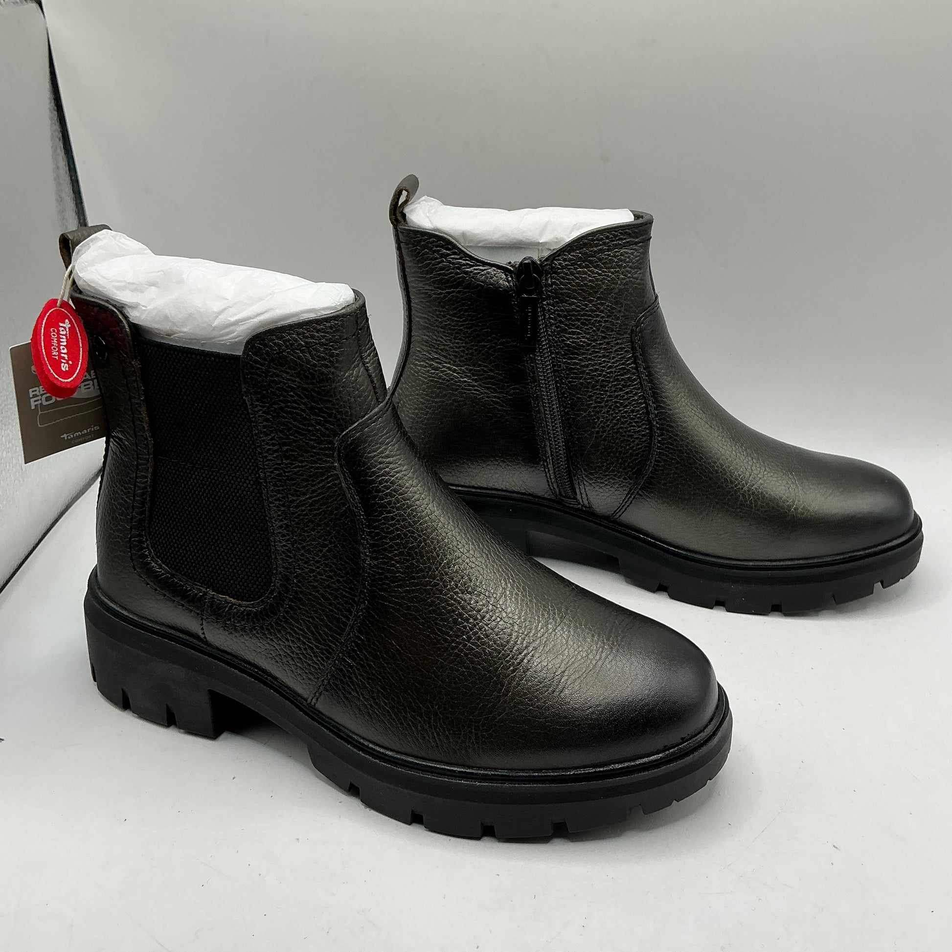 Tamaris comfort pewter leather chunky ankle boots