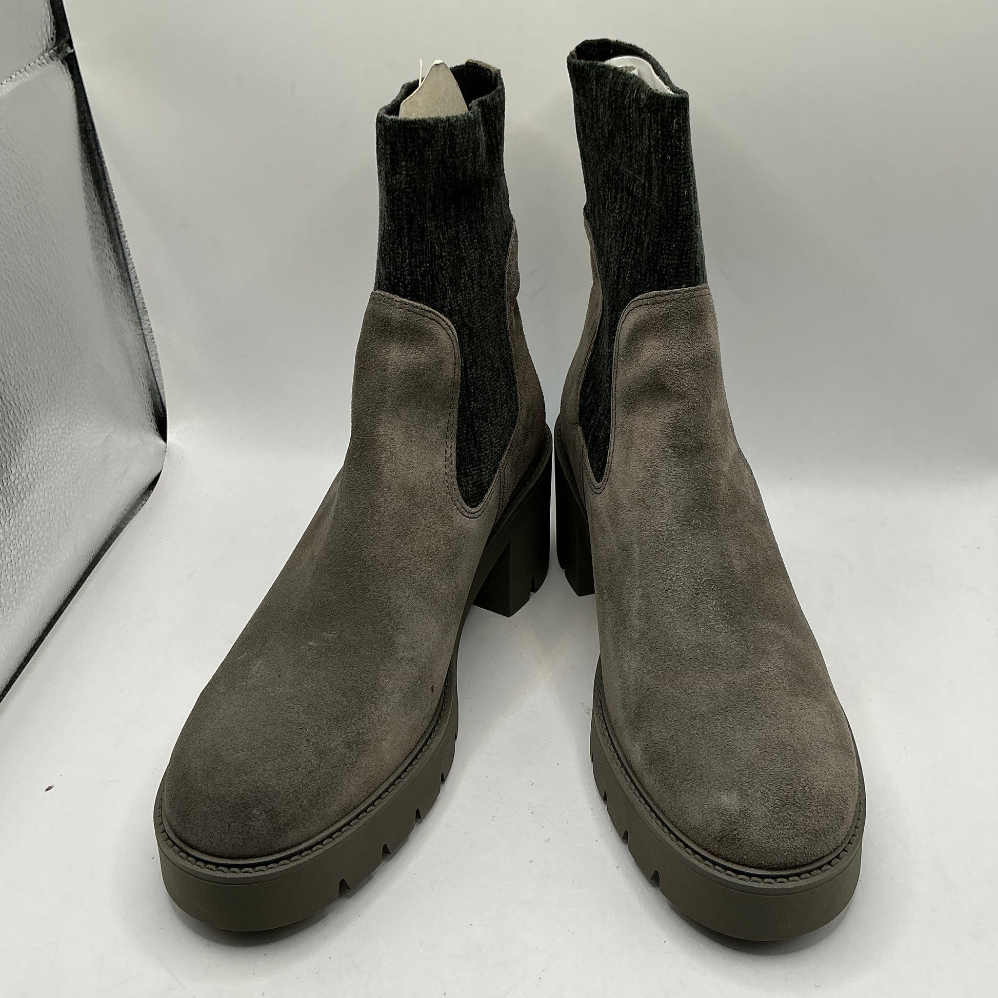 Tamaris comfort chunky grey suede boot with elasticated fabric ankle cuff