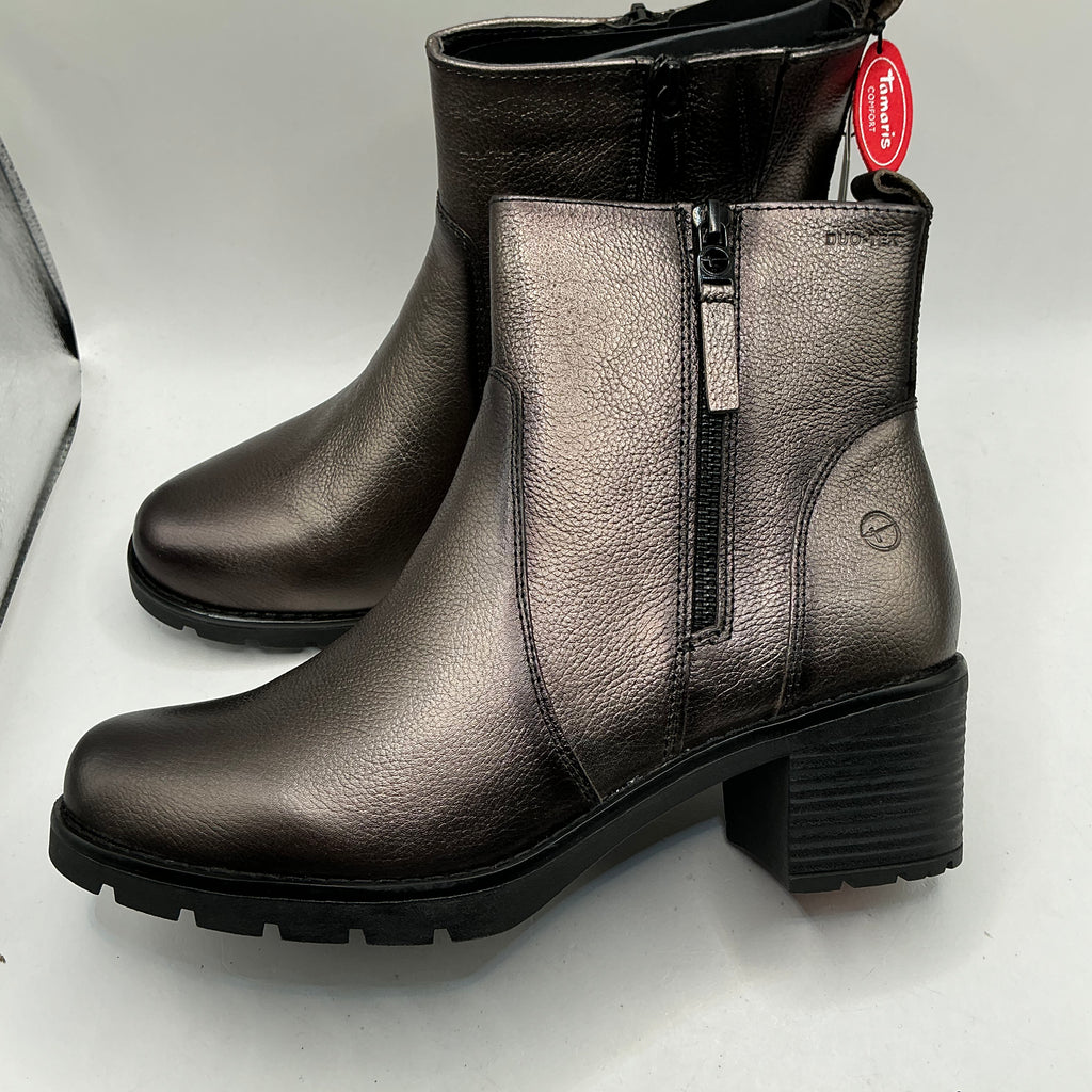 Tamaris comfort pewter mid heel leather ankle boots