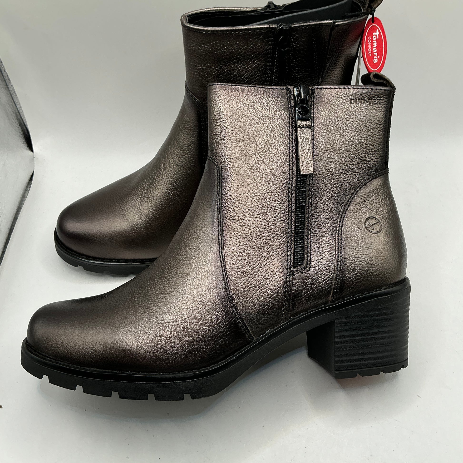 Tamaris comfort pewter mid heel leather ankle boots