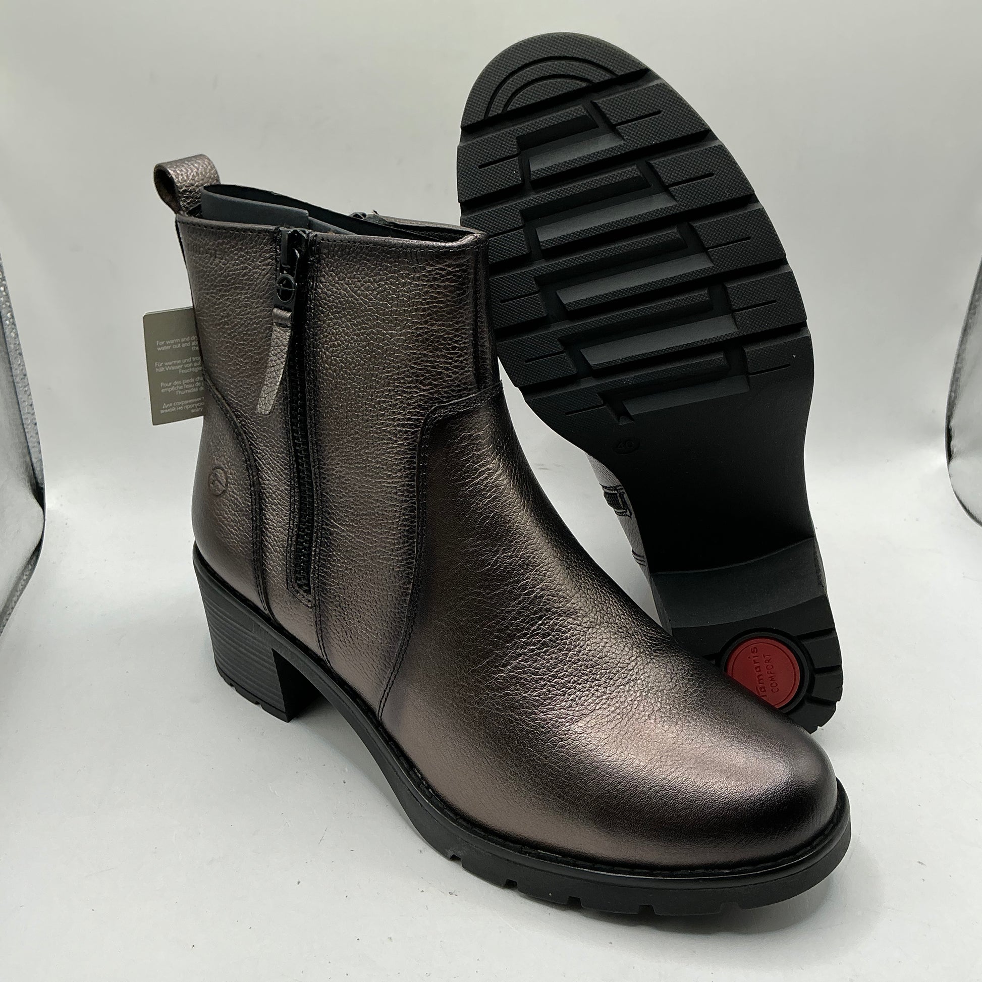 Tamaris comfort pewter mid heel leather ankle boots