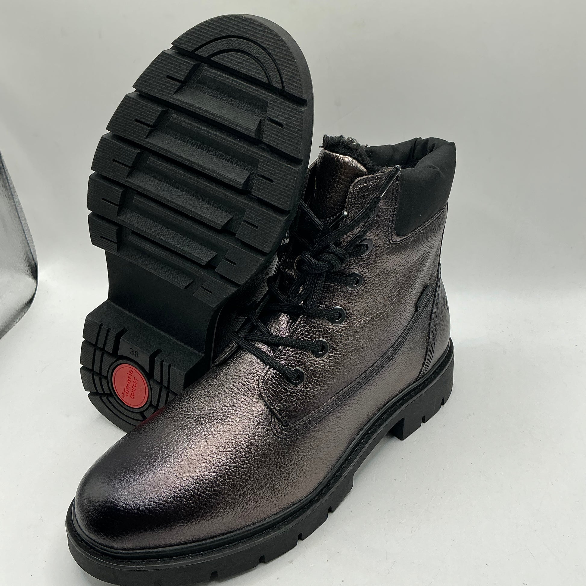 Tamaris comfort pewter leather woolly lined ankle boots