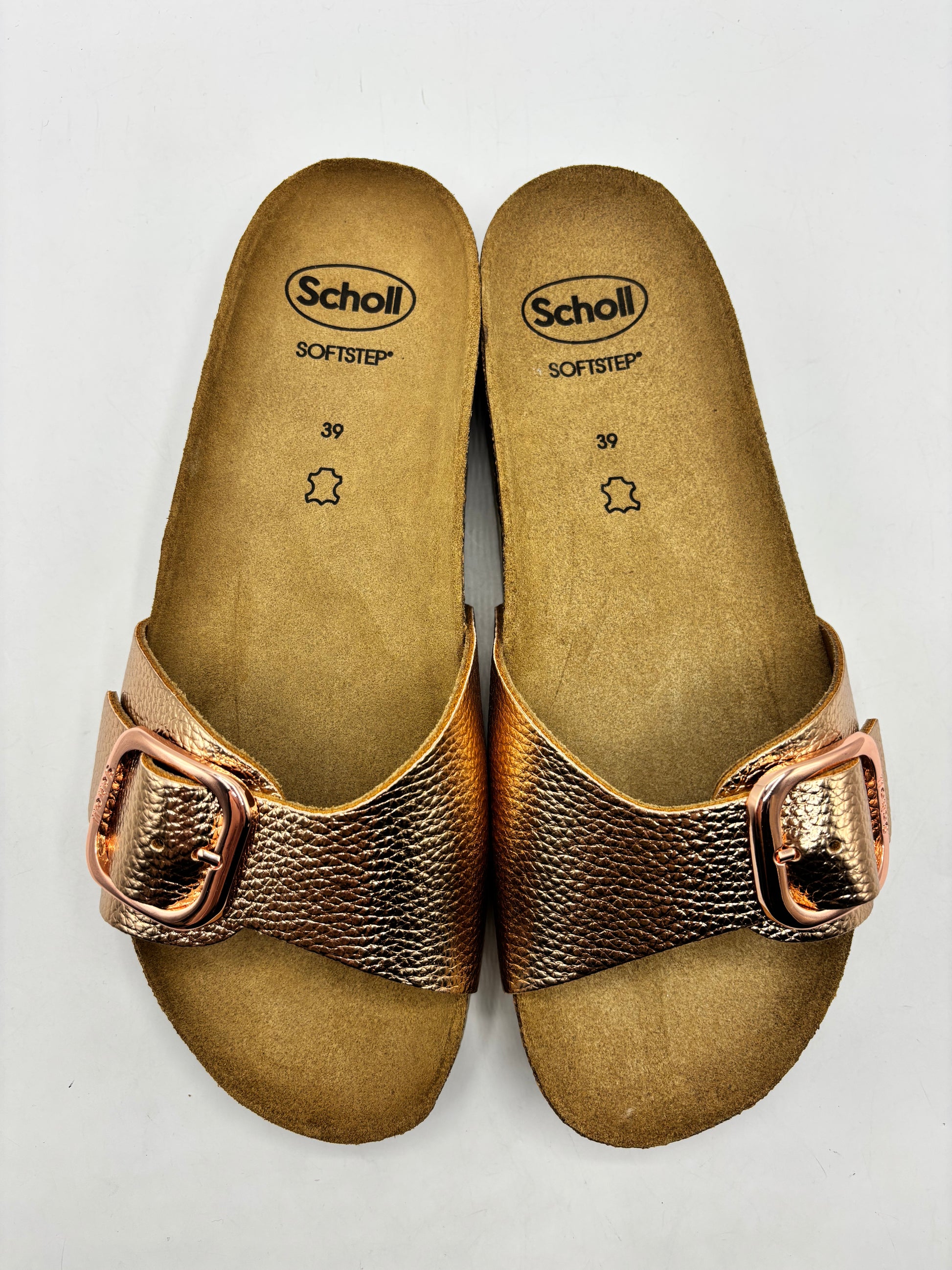 Scholl “Ginni” sandals in rose gold, size 6