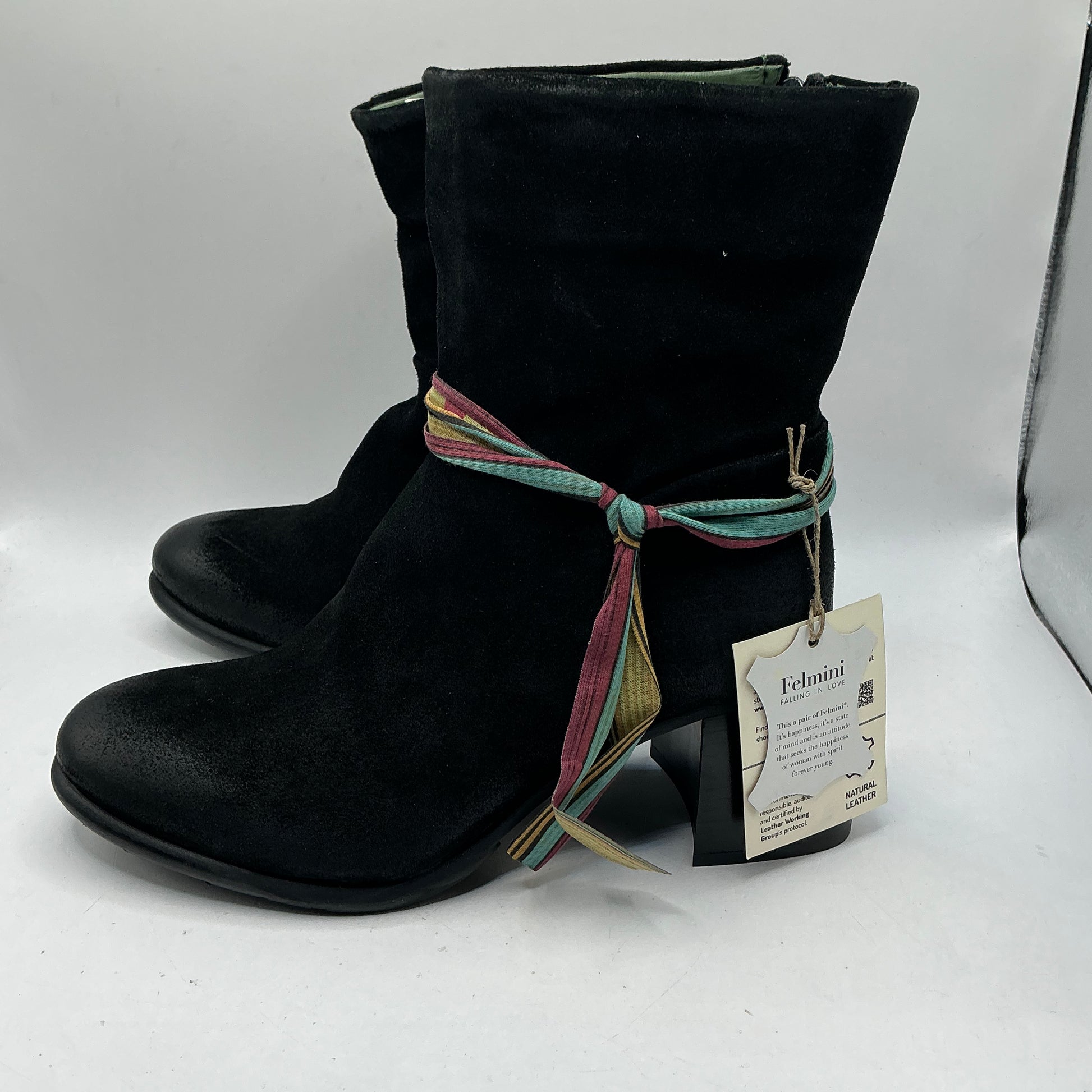 Felmini black suede ankle boots with ribbon, handmade