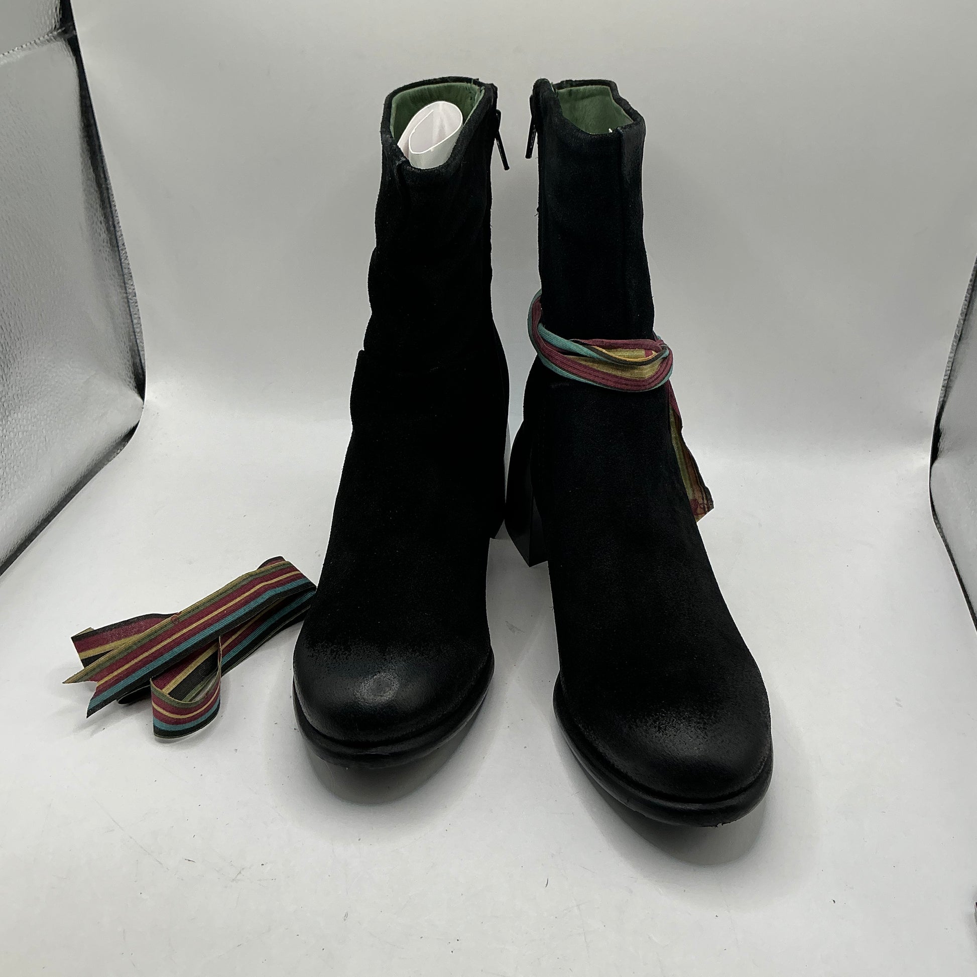 Felmini black suede ankle boots with ribbon, handmade