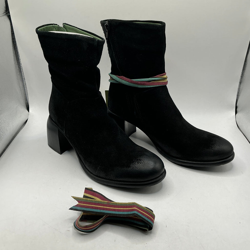 Felmini black suede ankle boots with ribbon, handmade