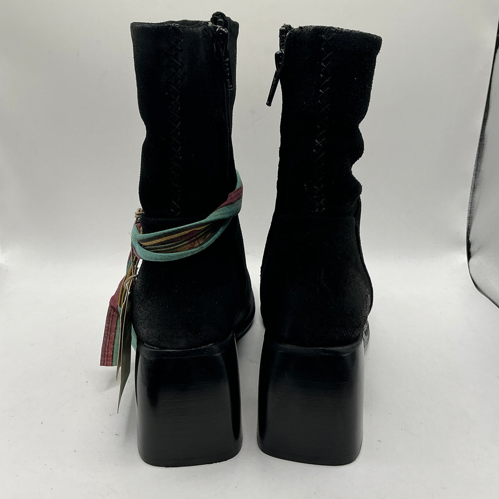 Felmini black suede ankle boots with ribbon, handmade