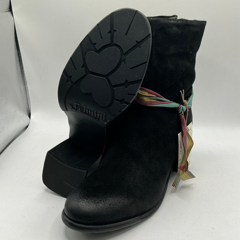 Felmini black suede ankle boots with ribbon, handmade