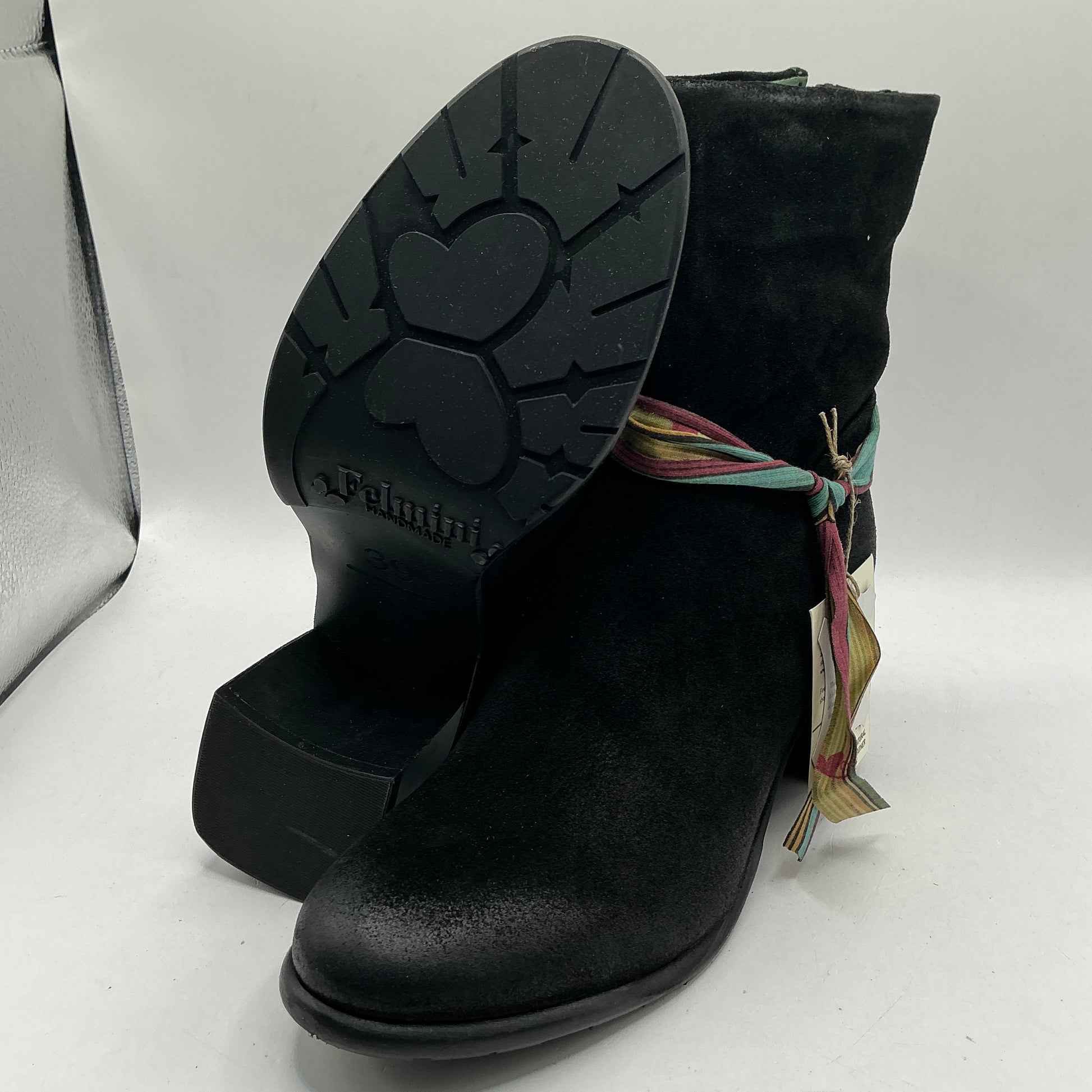 Felmini black suede ankle boots with ribbon, handmade