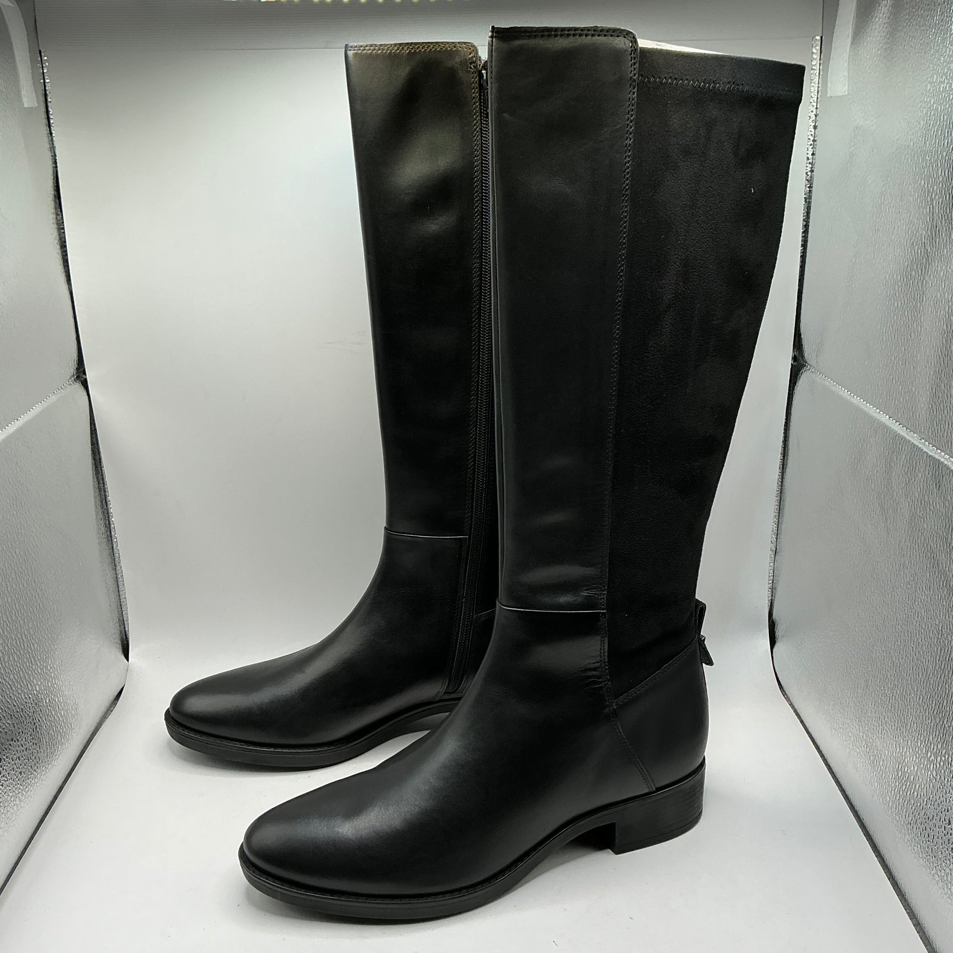 Geox, felicity d, black leather knee boots with elasticated faux suede back