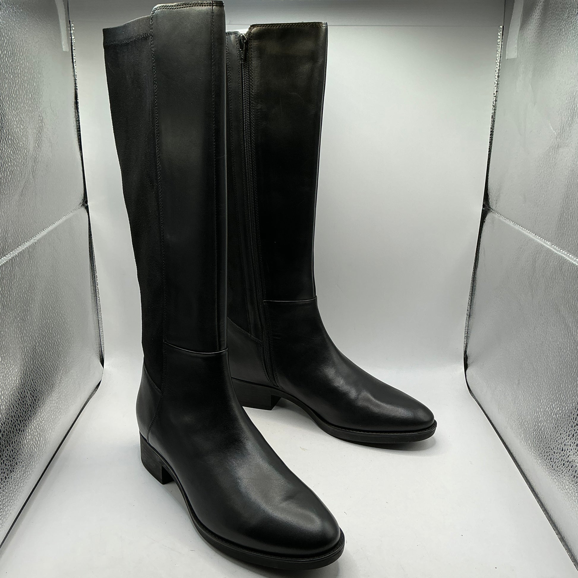 Geox, felicity d, black leather knee boots with elasticated faux suede back