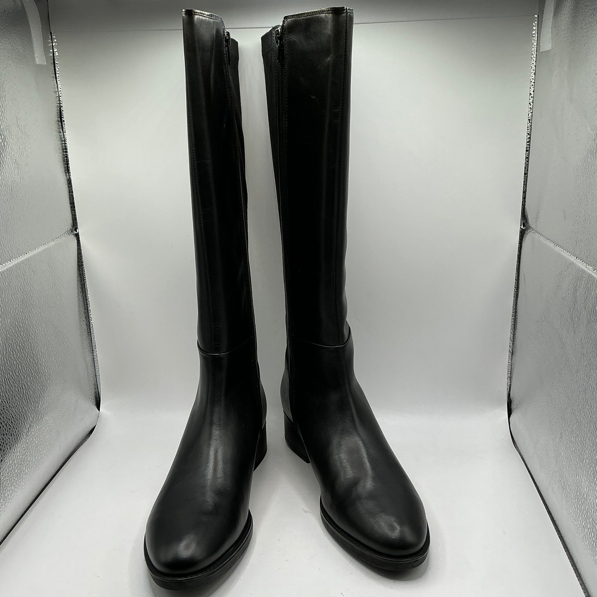 Geox, felicity d, black leather knee boots with elasticated faux suede back