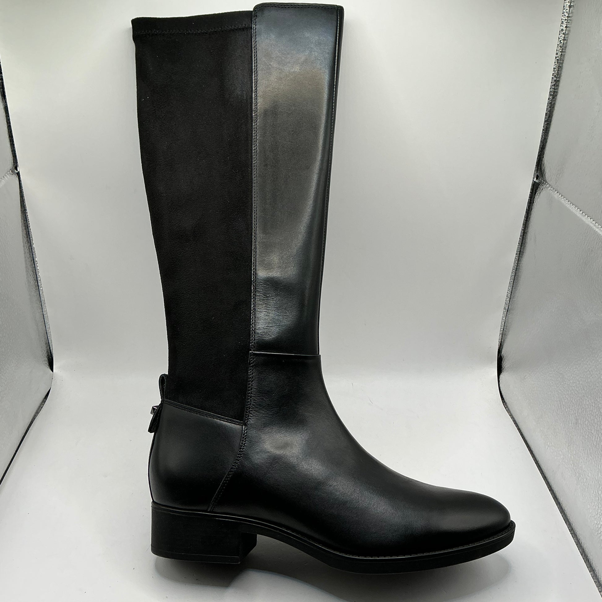 Geox, felicity d, black leather knee boots with elasticated faux suede back