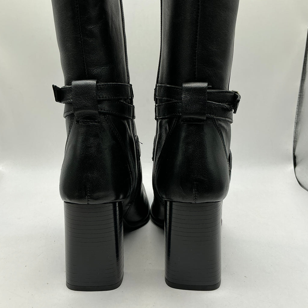 Karen Millen Heeled black leather knee boots with buckle detail