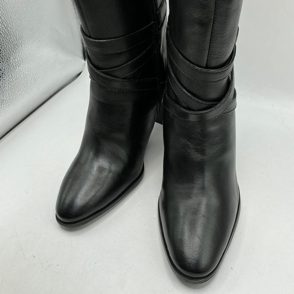 Karen Millen Heeled black leather knee boots with buckle detail
