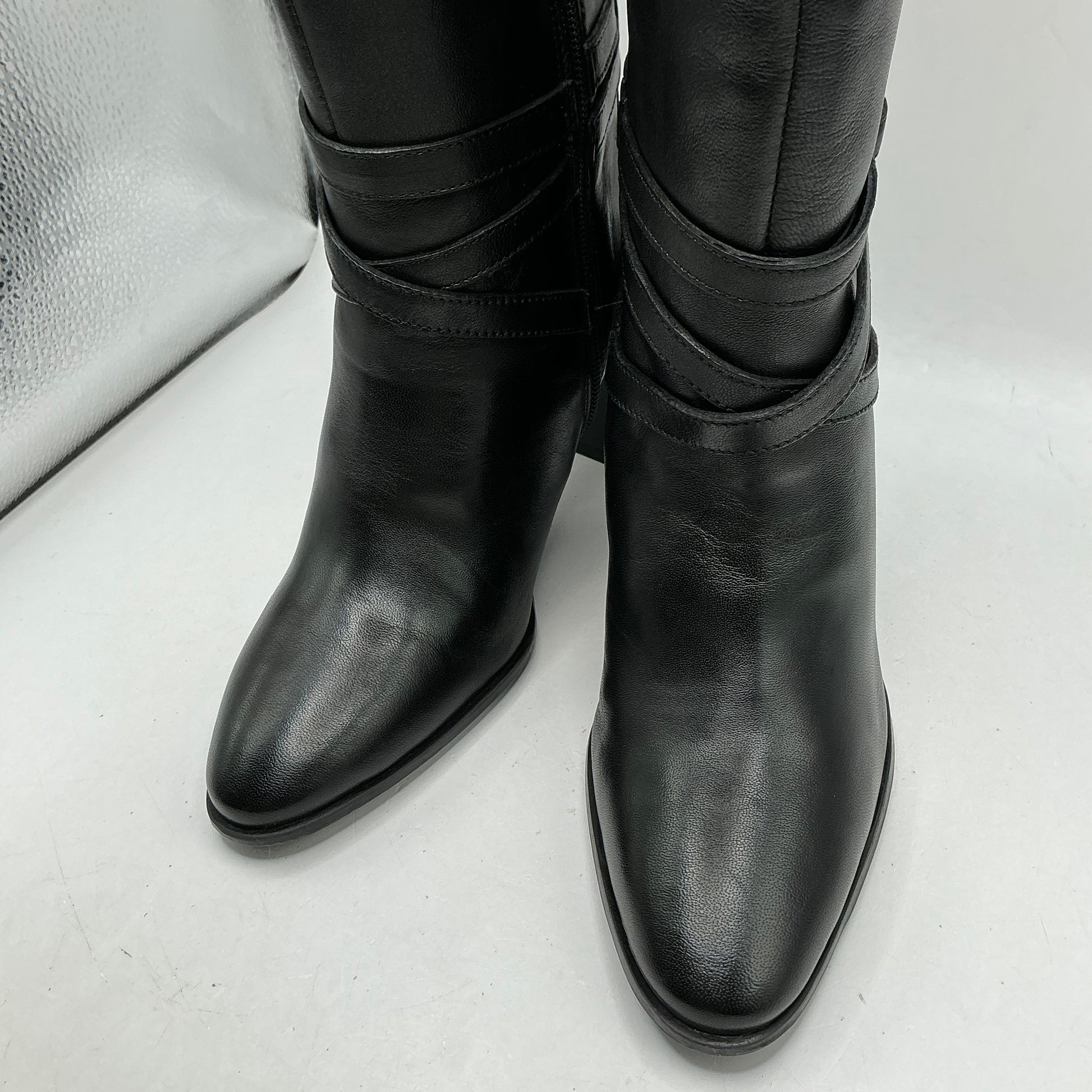 Karen Millen Heeled black leather knee boots with buckle detail