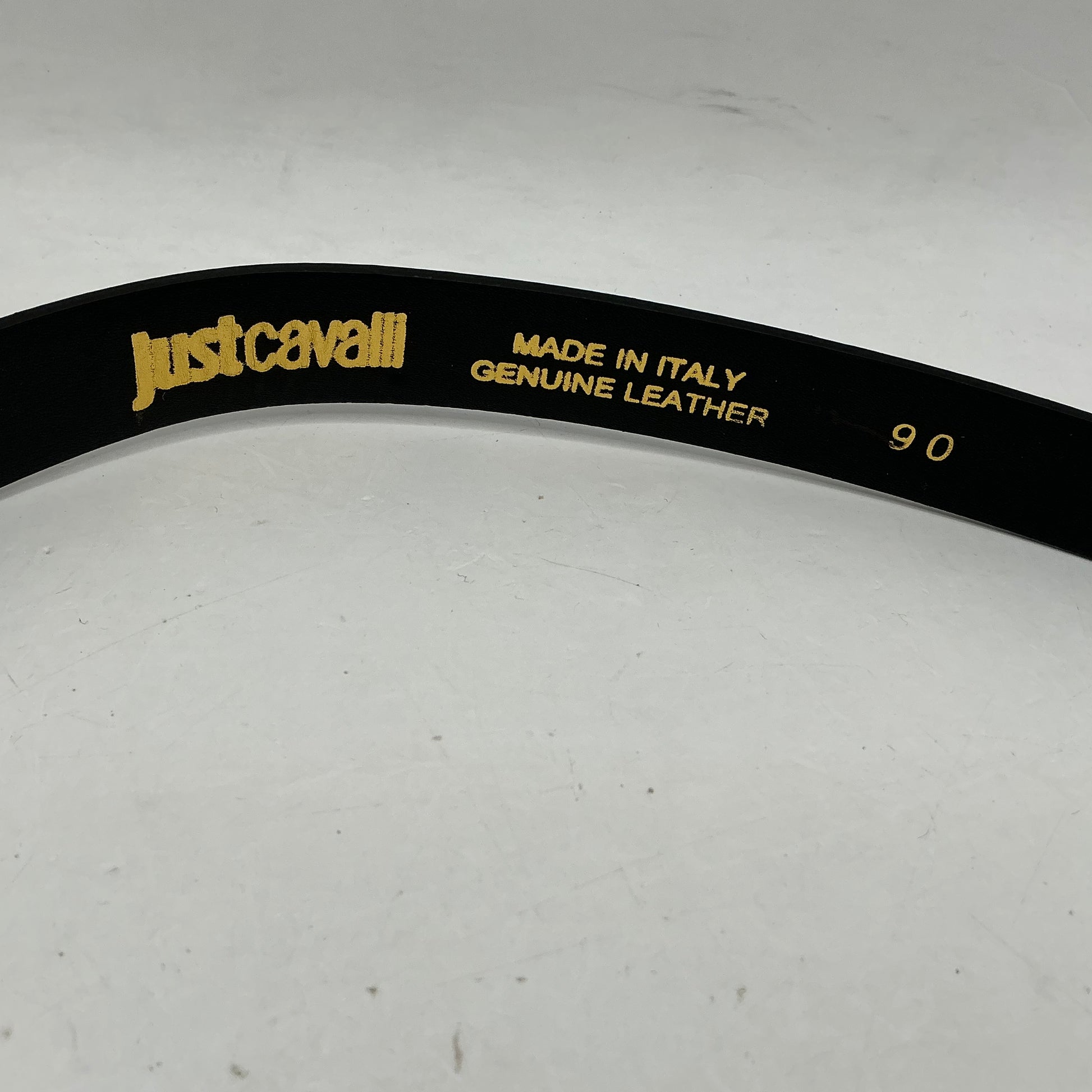 Just Cavalli, black leather belt with gold buckle. 85-95cm