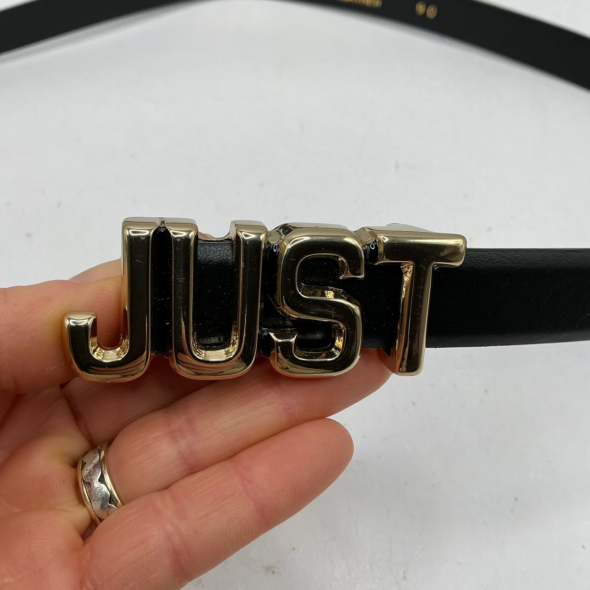 Just Cavalli, black leather belt with gold buckle. 85-95cm