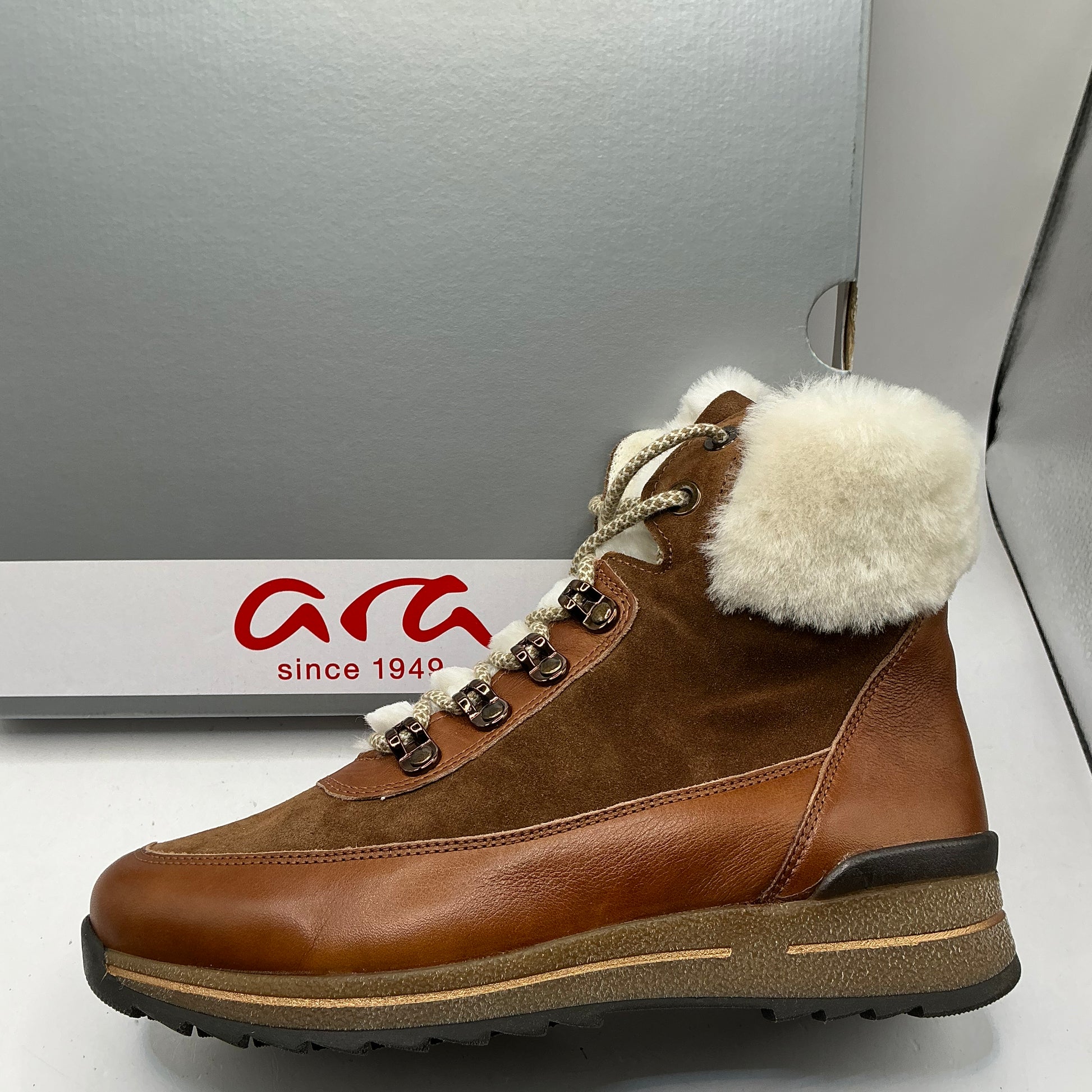 Ara, Osaka, cognac leather and suede ankle boots with wool lining