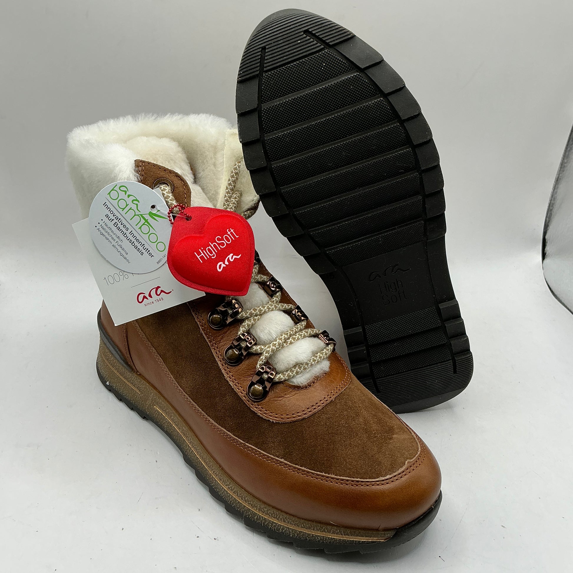 Ara, Osaka, cognac leather and suede ankle boots with wool lining