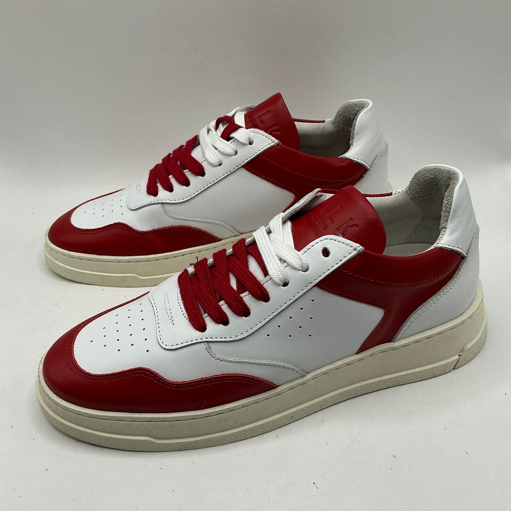 Walk London, White and Red Leather Trainers