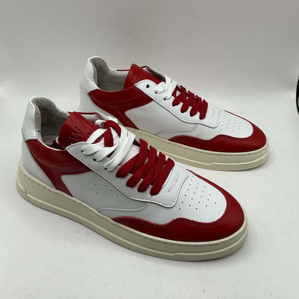 Walk London, White and Red Leather Trainers