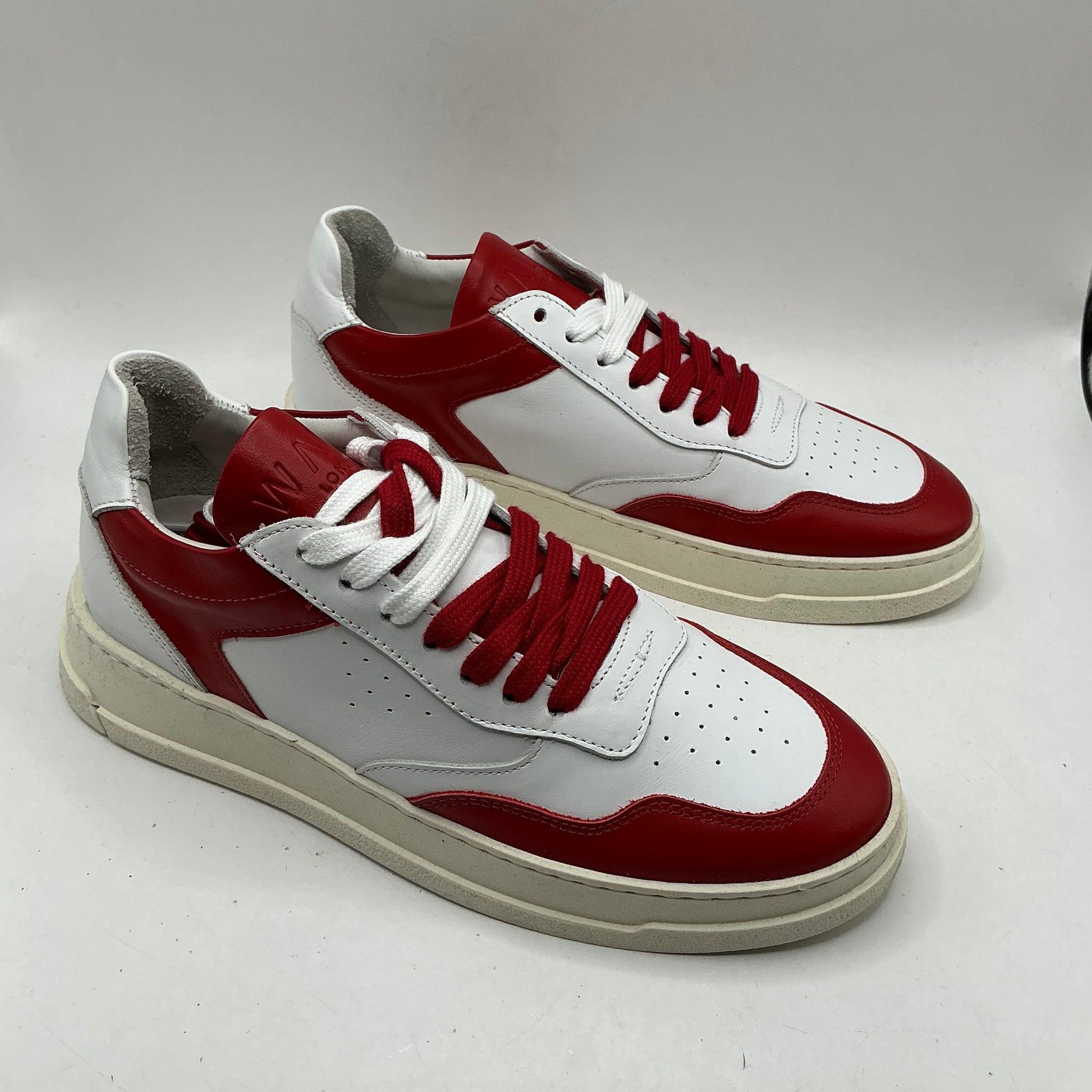 Walk London, White and Red Leather Trainers