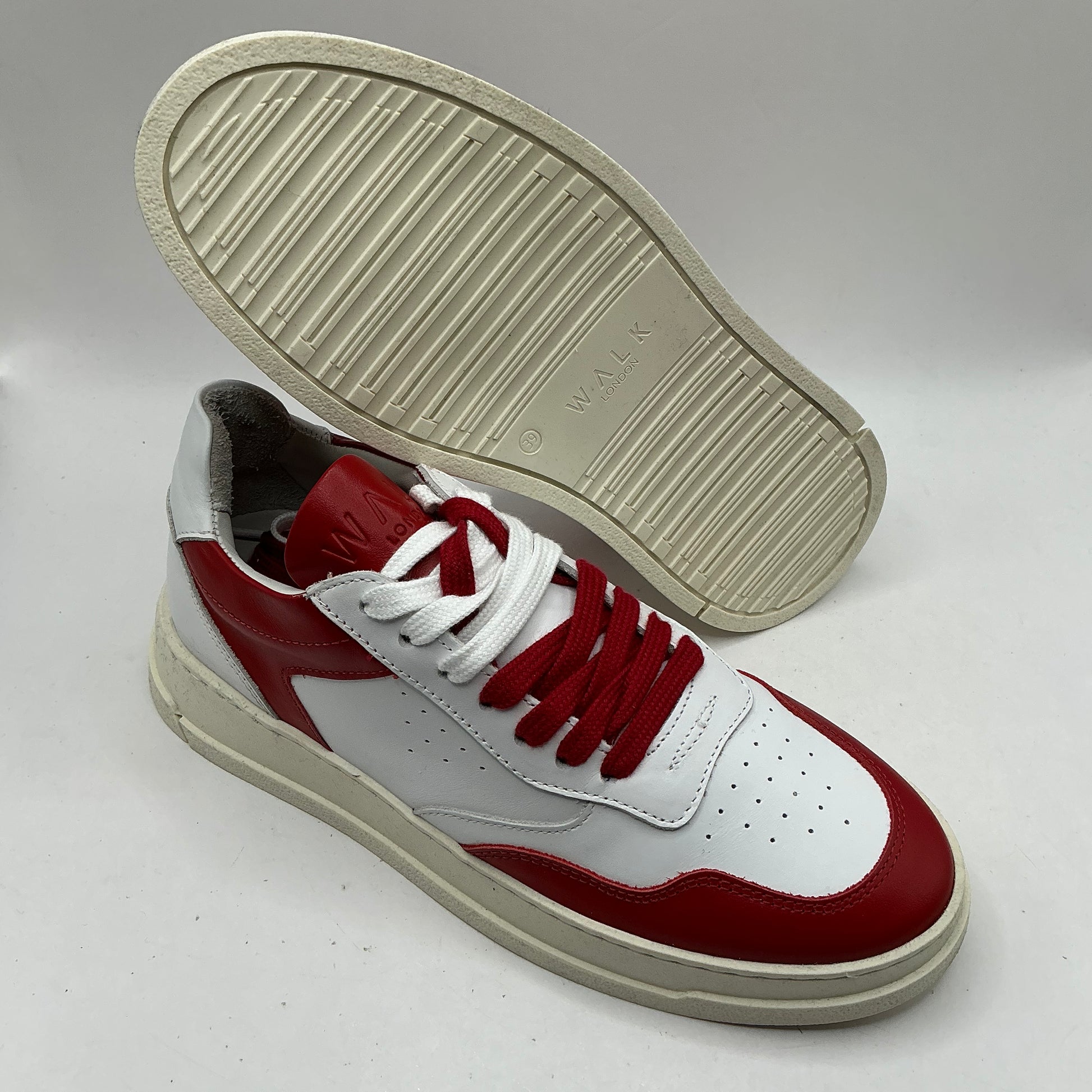 Walk London, White and Red Leather Trainers